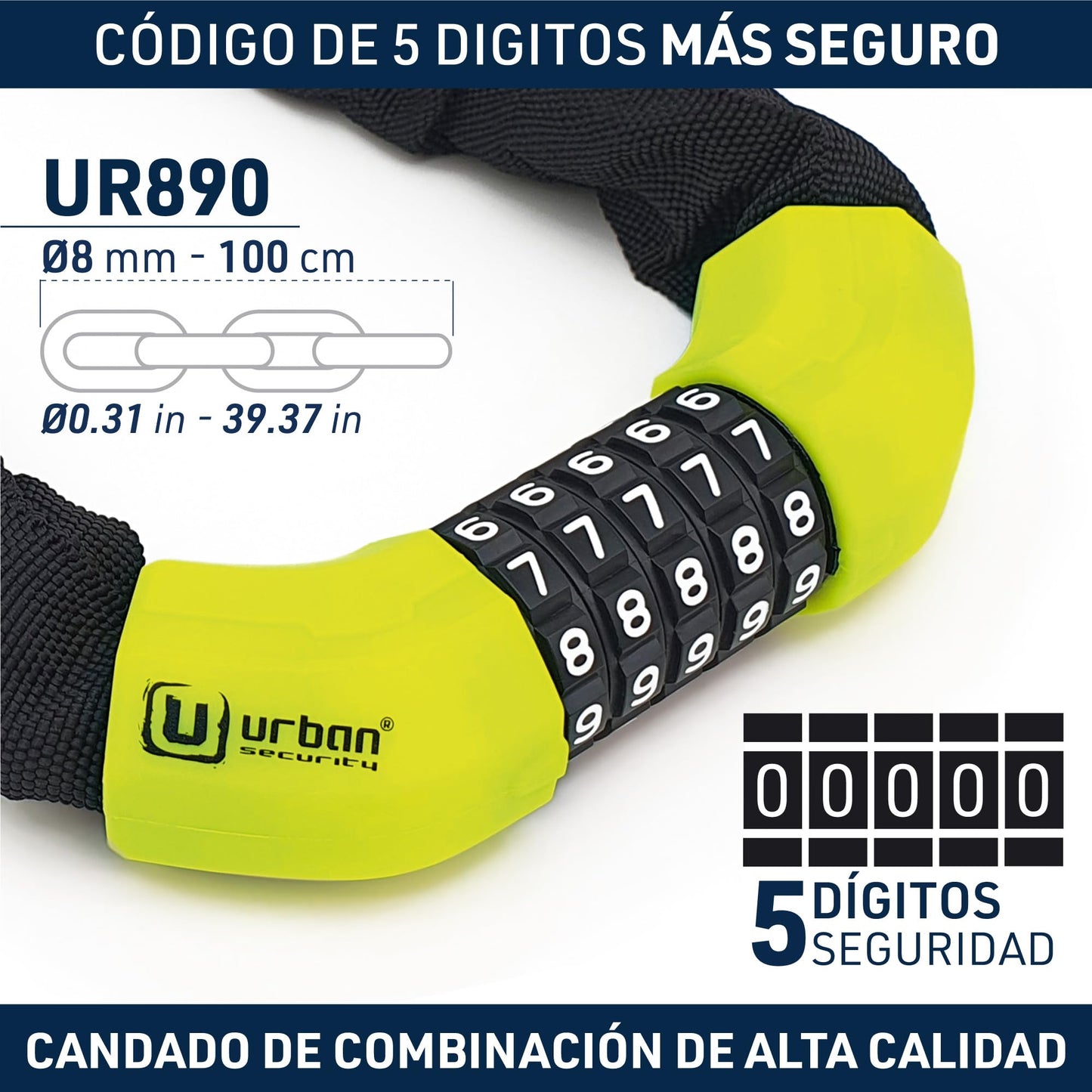 URBAN UR890 Candado de Bicicleta Cadena Antirrobo Moto con Combinación de Código de Seguridad y Funda Textil Bici Scooter Patinete Acero de Ø8 100cm