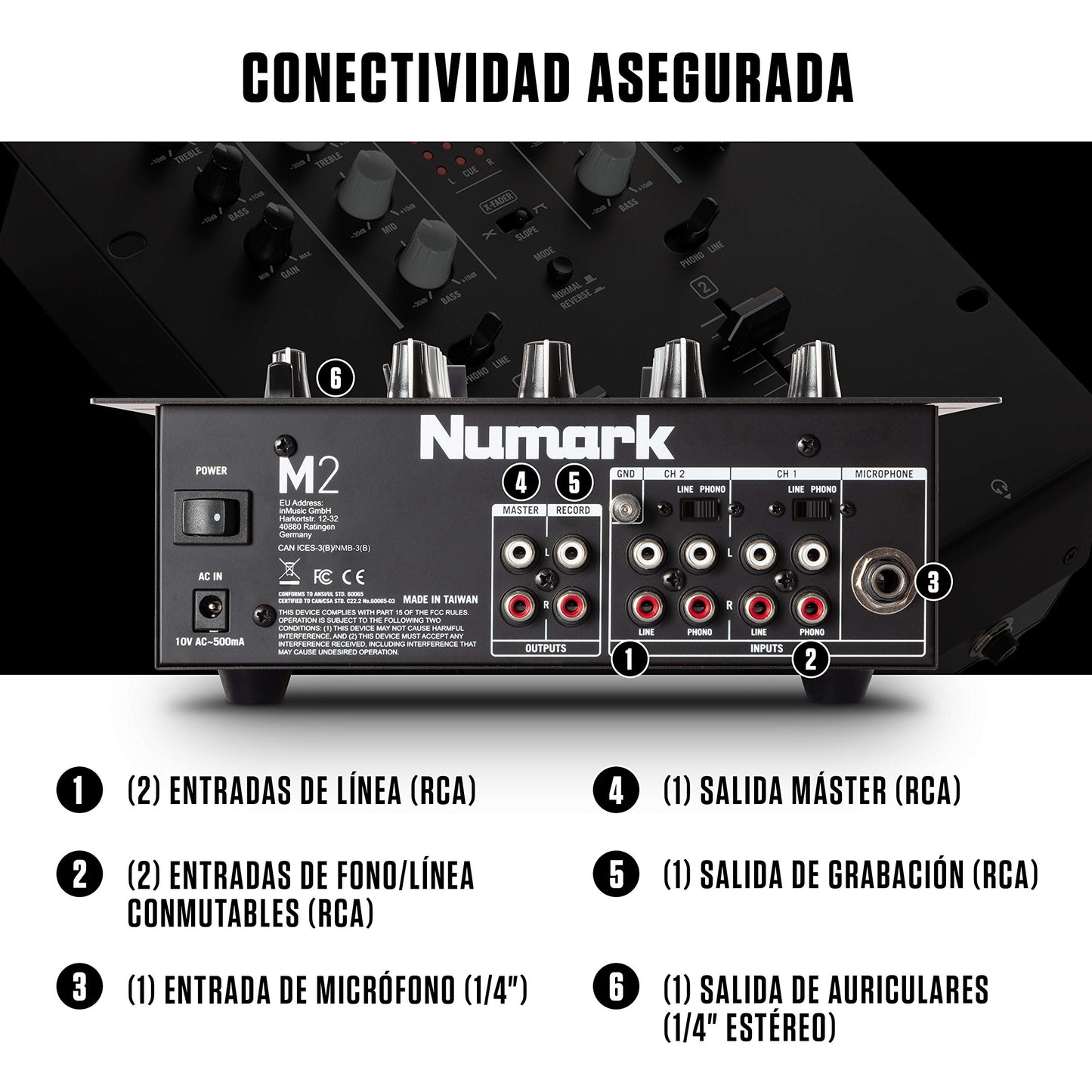 Mezclador de DJ Numark M2 Negro con Crossfader Reemplazable y EQ 3 Bandas