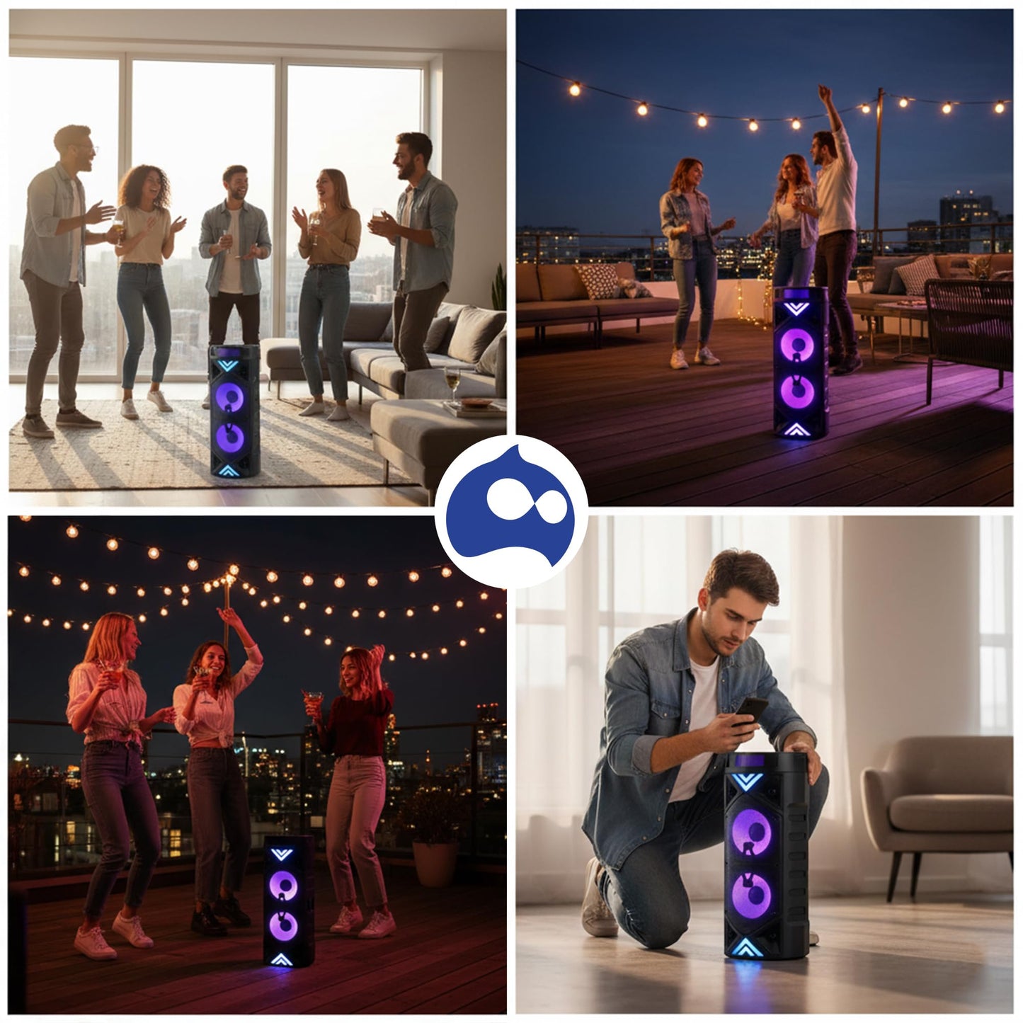 Bluelander Bocina Bluetooth Portátil 25W, Power Bass Dual 6.5, Altavoz con Micrófono, Karaoke, Luces LED, Radio FM, USB, AUX y TWS