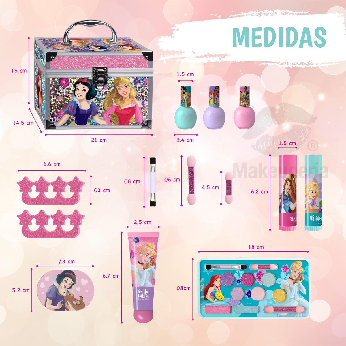 MAKEUPERIA Estuche de Maquillaje Infantil con Diseño Princesas, Maletín Metálico con Espejo, Sombras, Brillos, Esmaltes, Lima, Separadores, Pinceles y Bandeja, Maquillaje Lavable y Seguro para Niñas