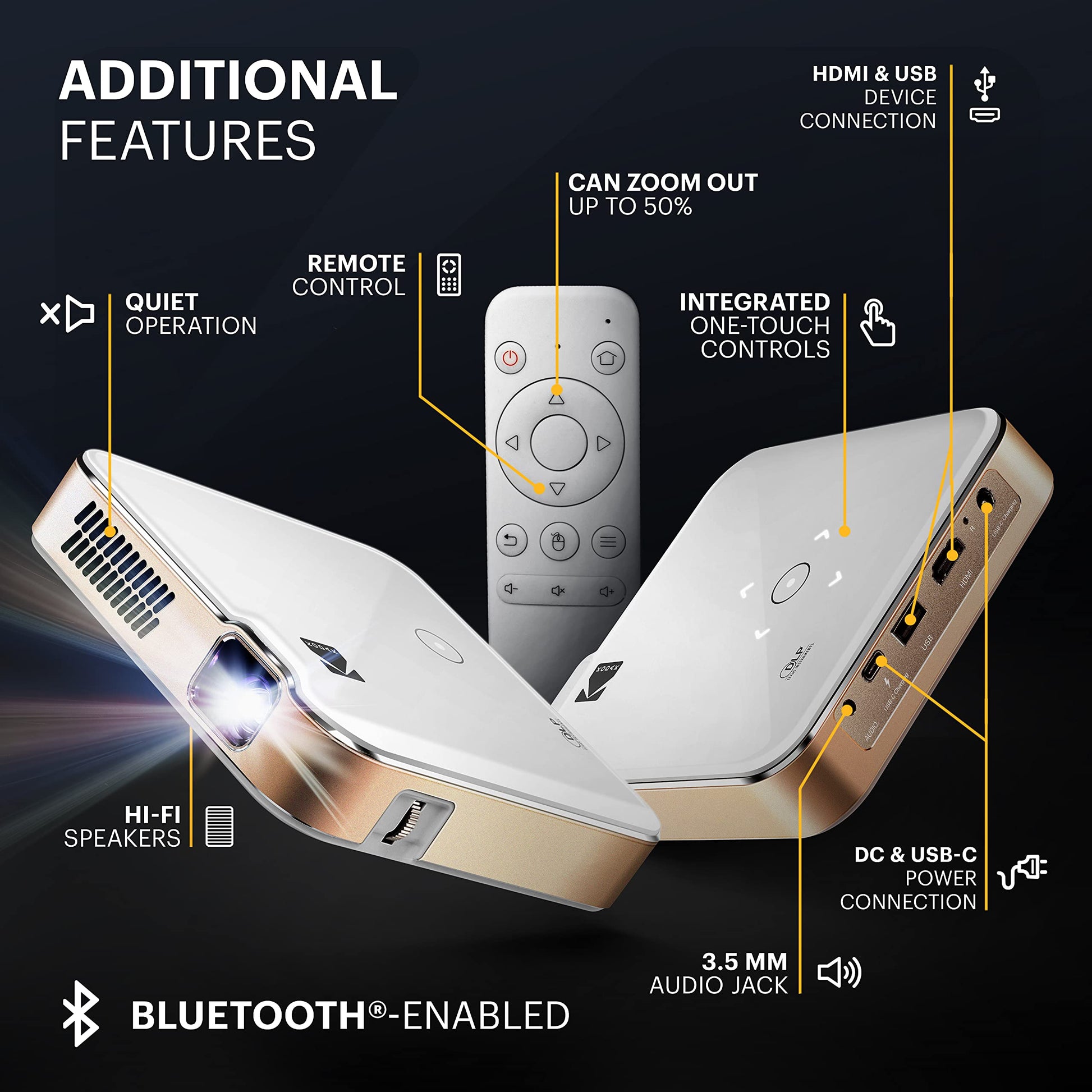 KODAK Proyector Inteligente HD portátil Luma 400 Mini Sistema de Cine en casa Compatible con Wi-Fi Bluetooth HDMI y USB de hasta 150” Resolución nativa de 720p (4K), 200 lúmenes ansi Trípode Incluido