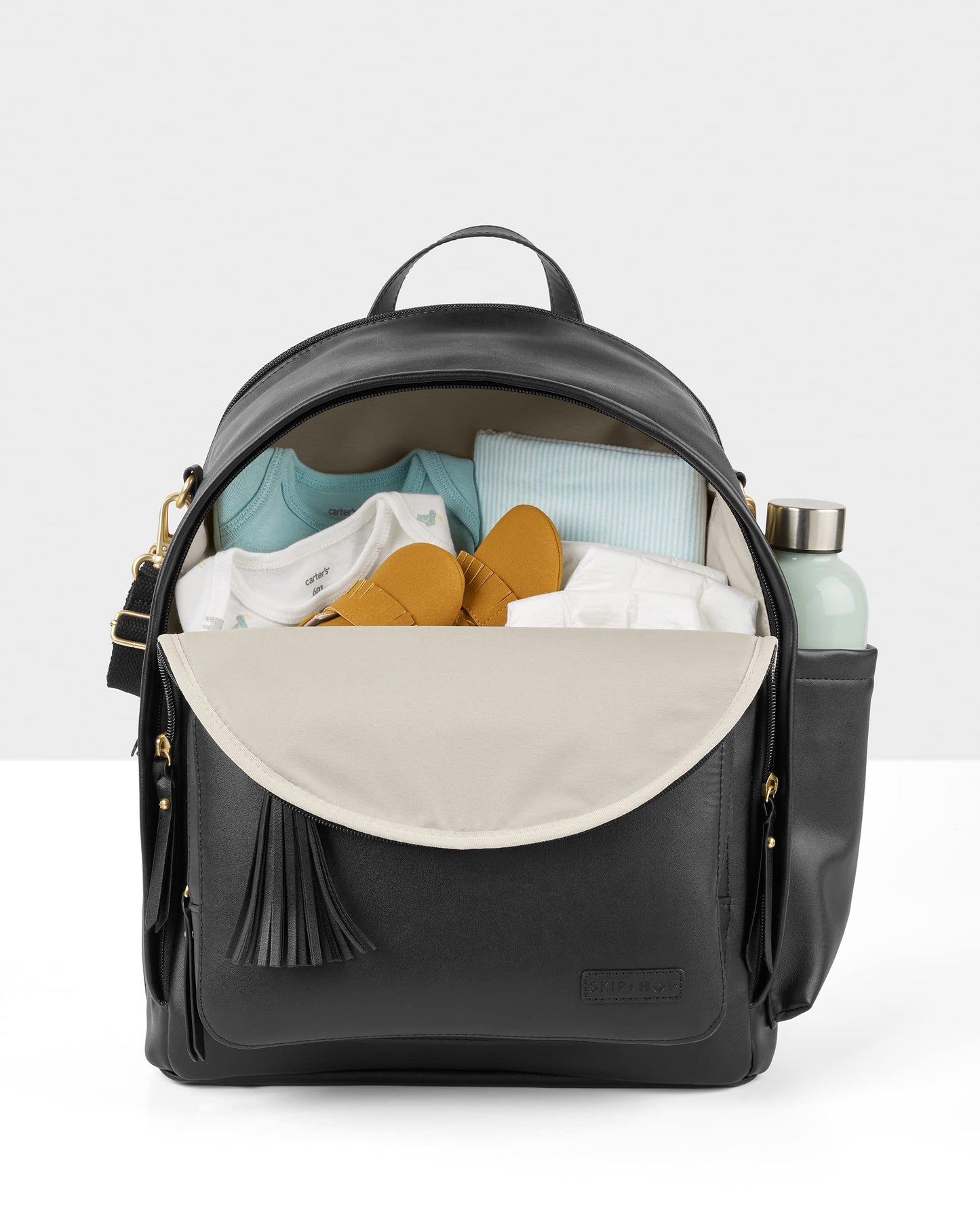Skip Hop Mochila De Pañales: Bolso De Viaje Para Bebé Multifunción Convertible Greenwich Con Cambiador Y Correas Para Cochecito, Cuero Vegano, Negro