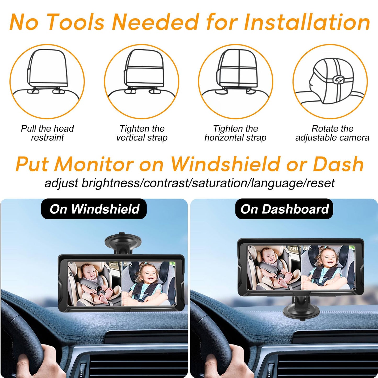 Bebé Coche Espejo, 6.86 Pulgadas Cámara Coche Bebé Asiento Trasero HD 1080P con Visión Nocturna, Ángulo de Visión Amplio de 150°, Espejo de Coches para Bebés con Giratorio 360°, Espejo Retrovisor Auto