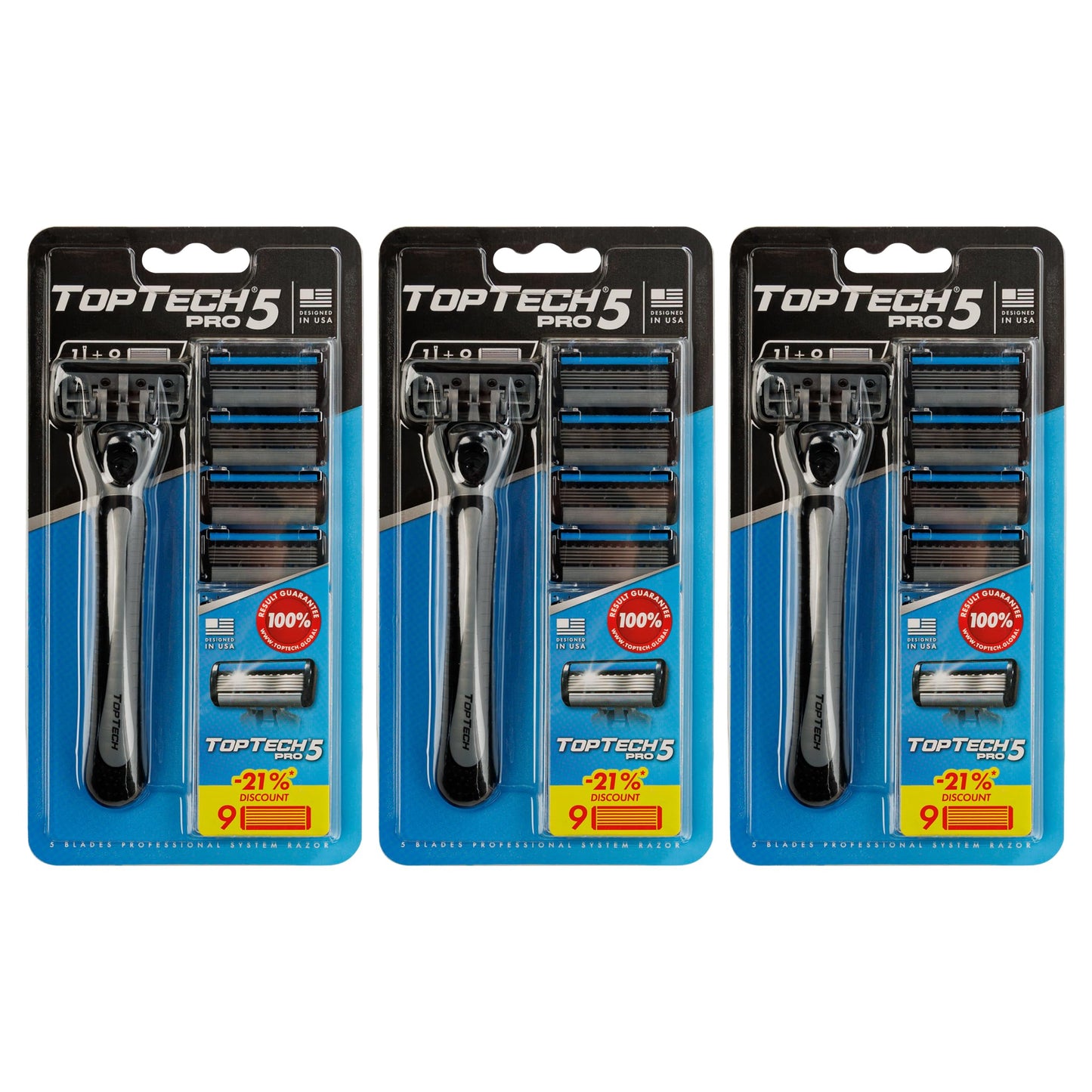 TopTech PRO 5 Rastrillo para Afeitar Hombre Reutilizable Trio Set - Afeitadoras Manuales con Recambios - Pack de 30 Unidades (3 Mangos + 27 Cartuchos Reemplazables), Tecnología de 5 Cuchillas - Afeitado Suave y Cuchillas Afiladas - Excelente Precio para R