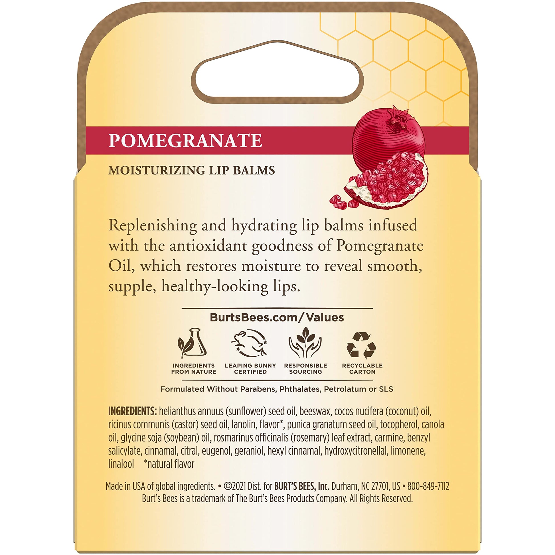 Burt's Bees 100% Natural Moisturizing Lip Balm, Pomegranate with Beeswax and Fruit Extracts - 4 Tubes