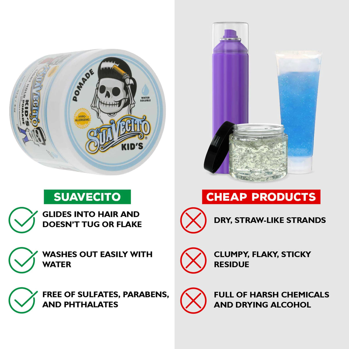 Suavecito Kid'S Pomade Calming Manzanilla Aroma Light Hold 4 Oz. - Gel Para El Cabello Libre De Escamas A Base De Agua - Probado Por Dermatólogos, Fórmula Hipoalergénica - Libre De Sulfatos, Parabenos