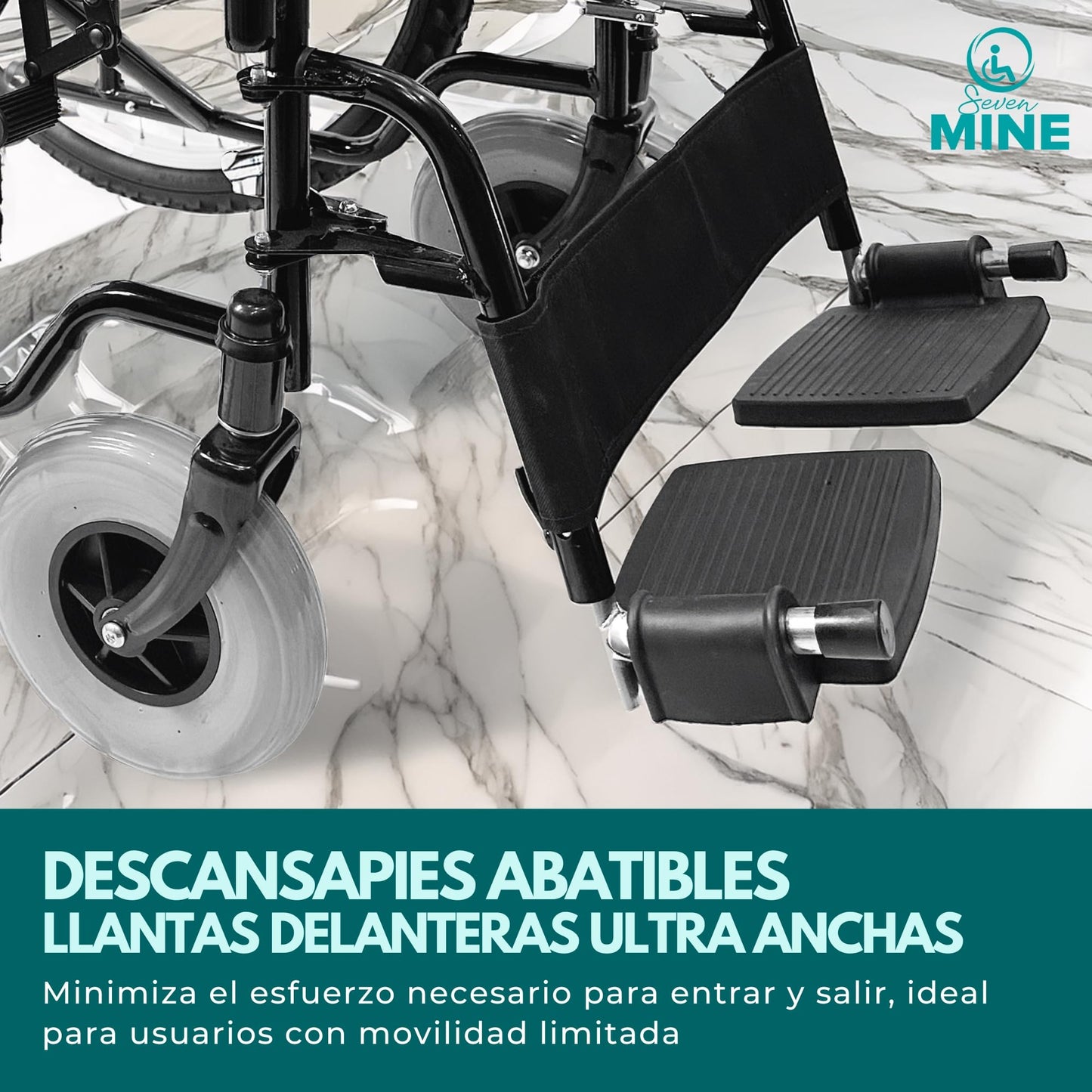 Silla de Ruedas Todo Terreno SEVEN MINE Negra con Neumáticos Traseros de 24 Pulgadas y Llantas Anchas Delanteras 8x2 Pulgadas