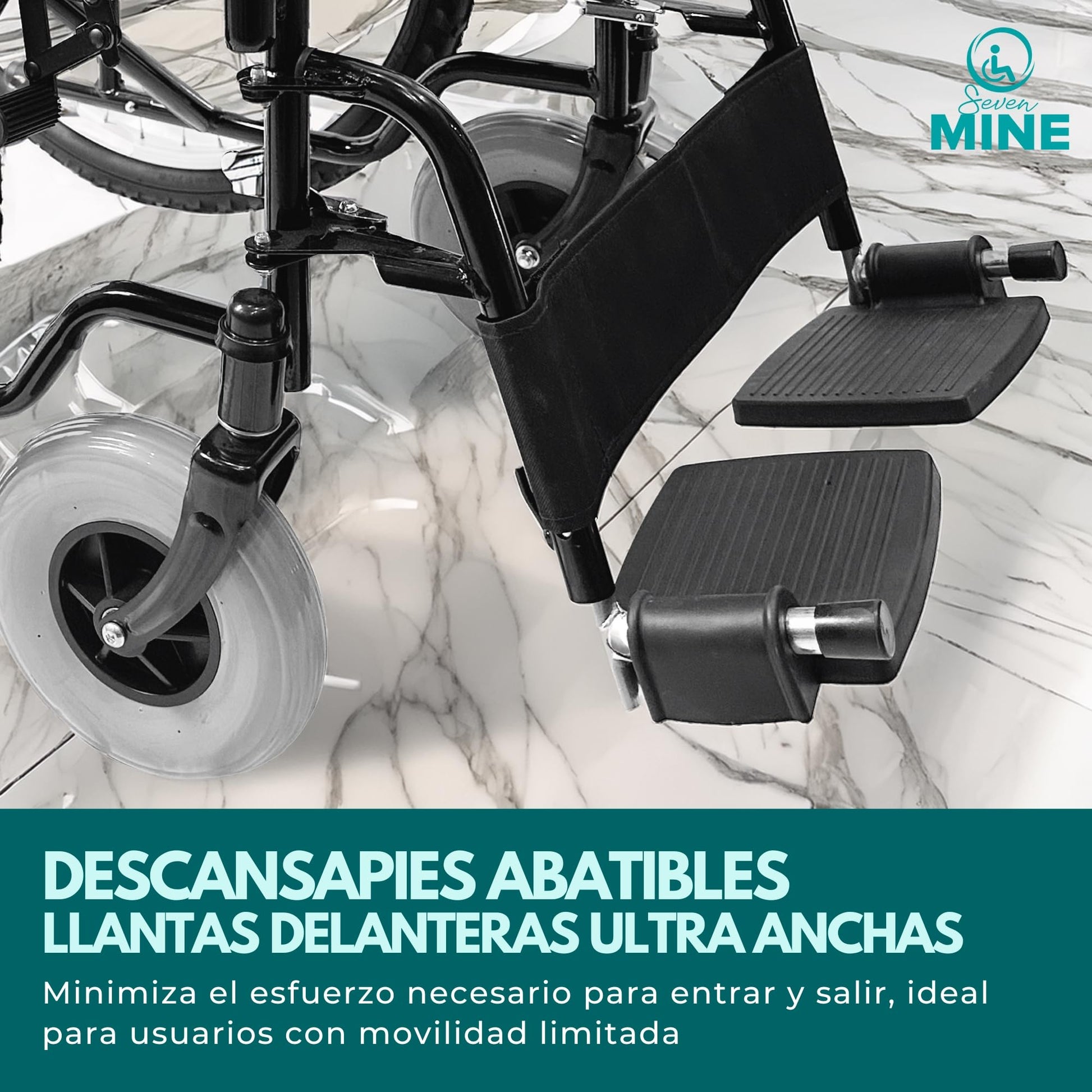 Silla de Ruedas Todo Terreno SEVEN MINE Negra con Neumáticos Traseros de 24 Pulgadas y Llantas Anchas Delanteras 8x2 Pulgadas