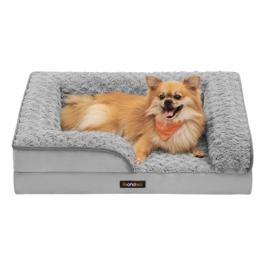 Feandrea Cama para Perros, Cama para Mascotas, 71 x 58 x 16 cm, Ortopédica con Espuma Corrugada, Funda Extraíble con Motivo Rosa de Peluche, Bordes Elevados Acolchados, Gris Paloma MPGW251G01