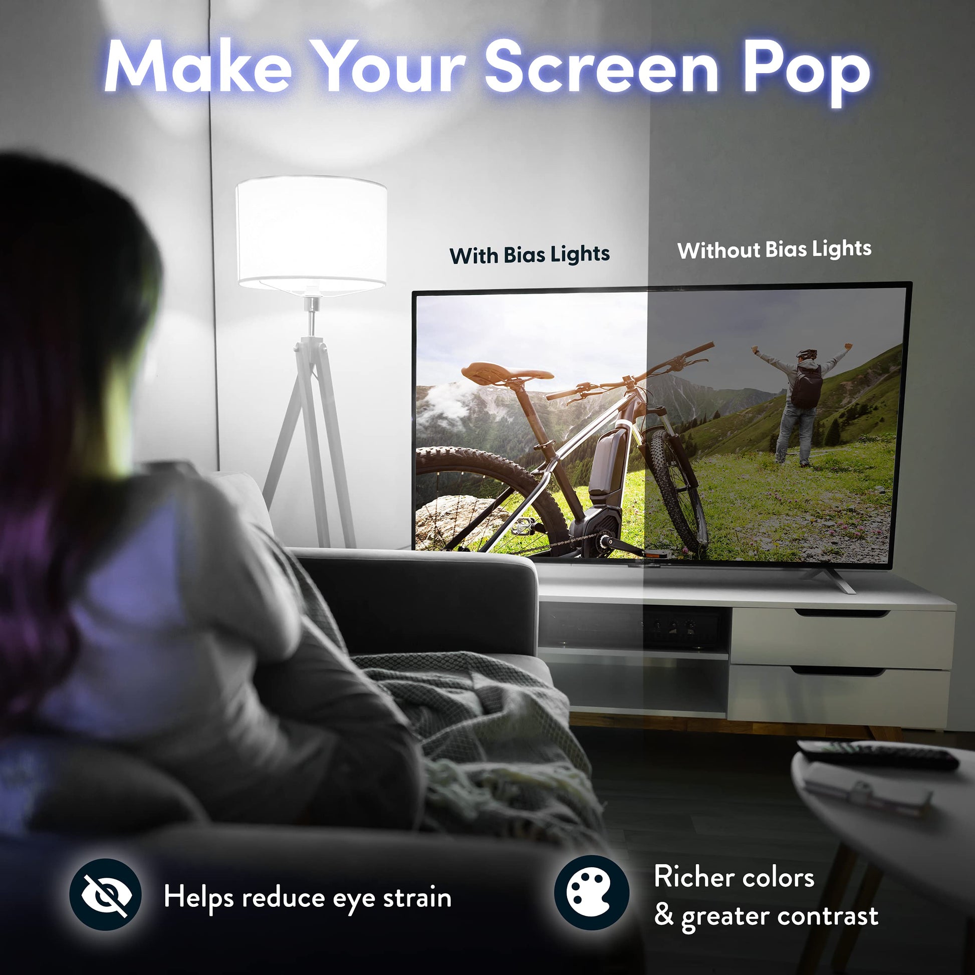 Luminoodle USB iluminación de polarización – Franja luminosa, luz ambiente para cine en casa, retroiluminación LED – 6500 K iluminación de acento para reducir la fatiga ocular, mejora contraste, Blanco, Medium (6.5 ft)