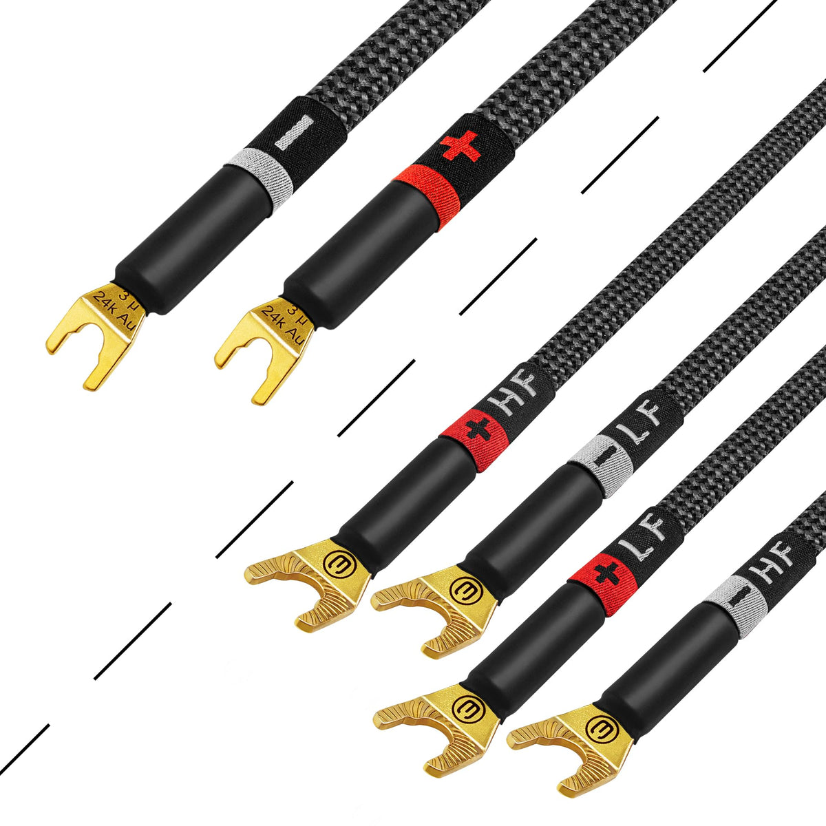 Cable de Altavoz WORLDS BEST CABLES Negro OFC Ultra Puro con Enchufes Eminence Gold Spade y Chamarra de Tweed de Carbono 7 AWG 8 Pies Audiófilo Premium
