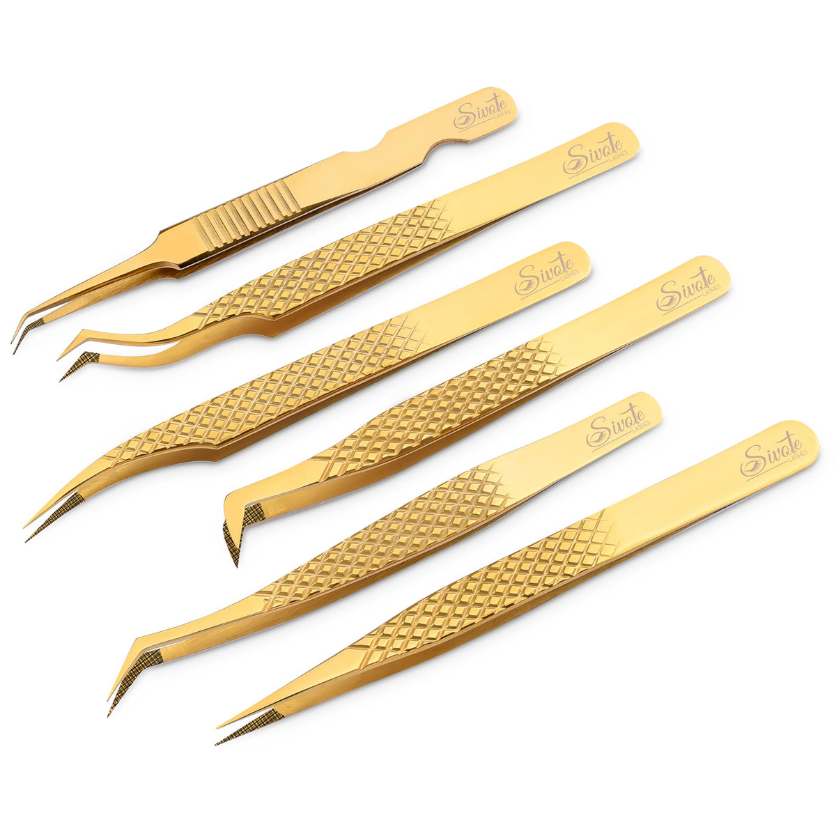 SIVOTE Juego de 6 pinzas profesionales para extensión de pestañas, acero japonés, color dorado