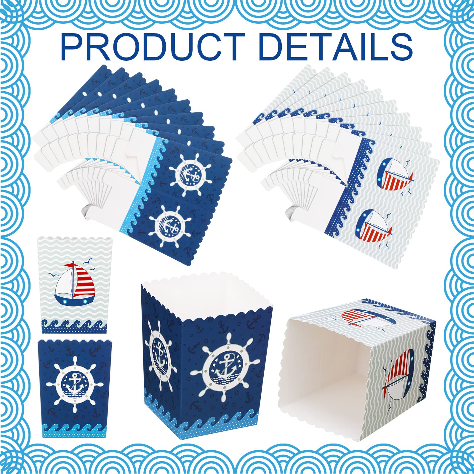 HooLing 48 cajas de palomitas de maíz marinero para crucero, decoración náutica para fiestas de palomitas de maíz, cajas de regalo de papel, ancla, océano náutico, regalos para fiestas de cumpleaños,