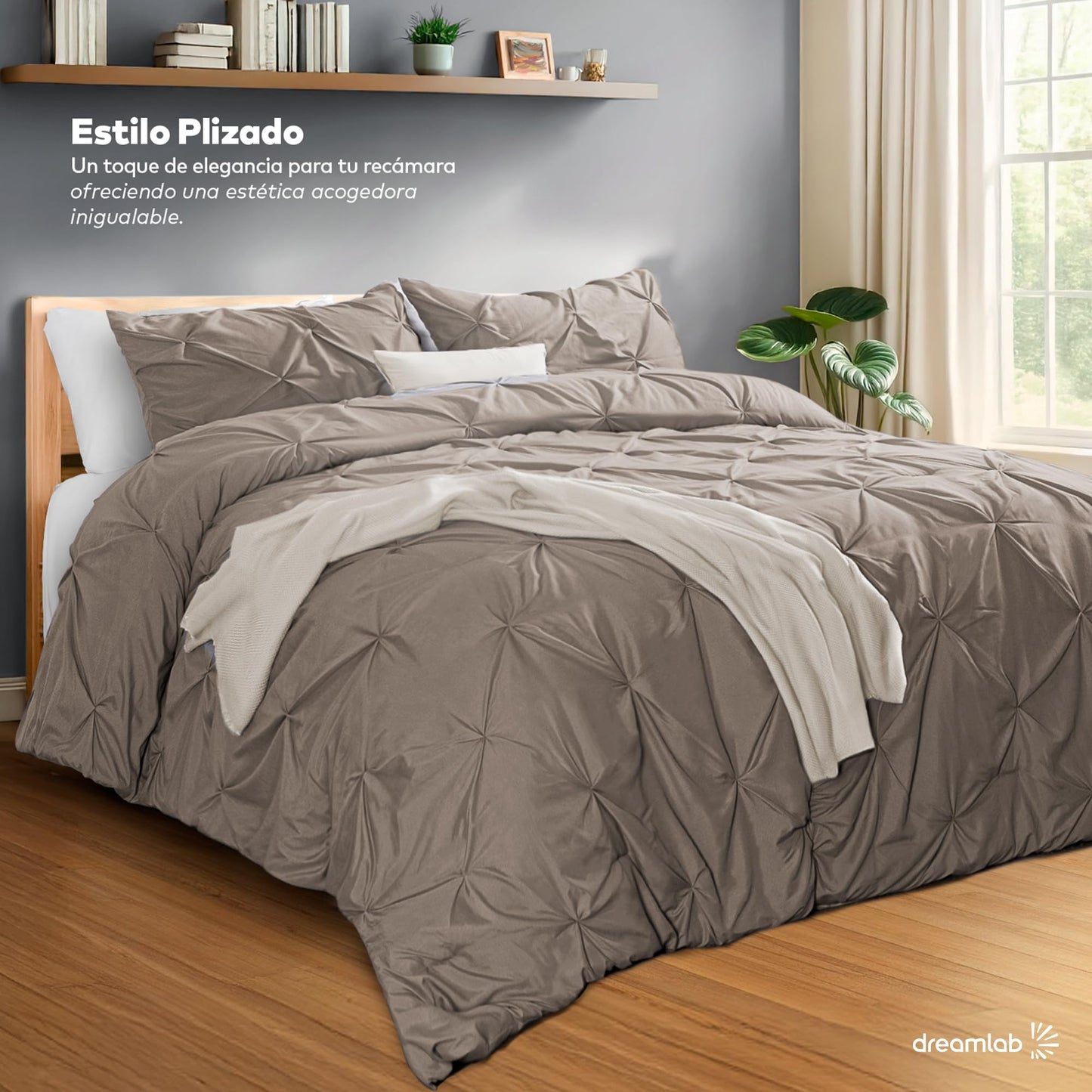 Dreamlab Juego Edredón Acolchado Reversible, Elegantes Pliegues, Ultra Suave, Hipoalergénico, Incluye 2 Fundas de Almohada, Ideal para Todo el Año. Set 3 Pzas, Tamaño Matrimonial 195x223cm, Arena