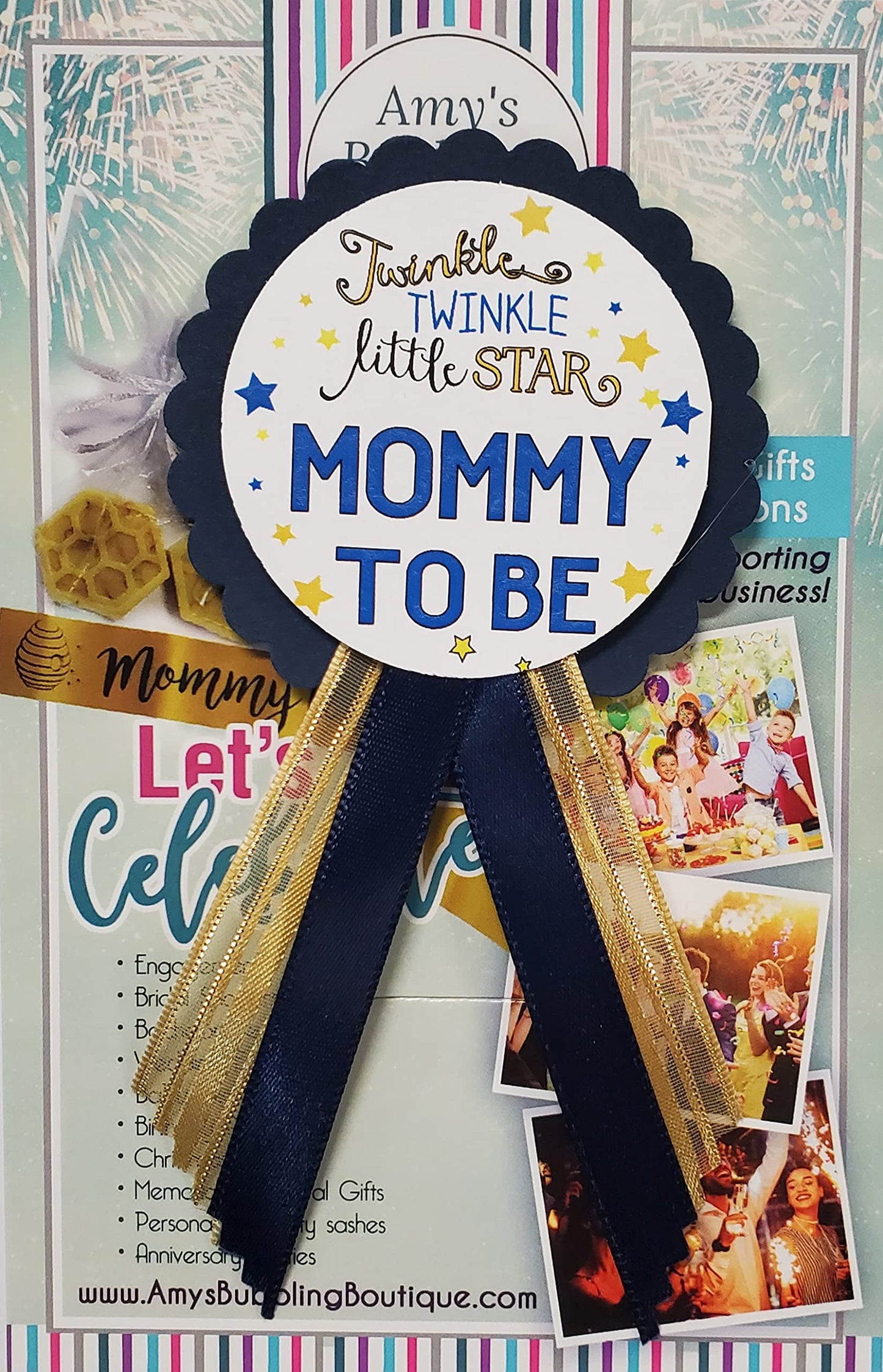 Mommy to Be & Daddy to Be Pin Twinkle Little Star Baby Shower Pin para que los padres usen, azul marino y dorado, It's a Girl, It's a Boy Baby Sprinkle, Una talla, Cartulina cartulina cintas de satén