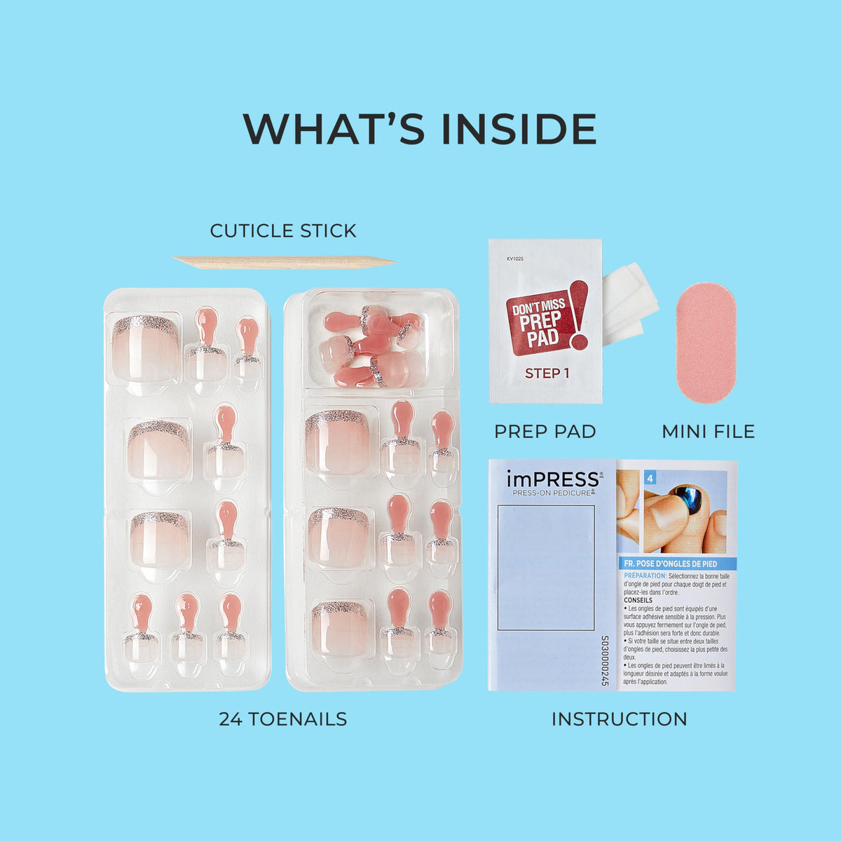 imPRESS Uñas postizas KISS sin pegamento para pedicura, diseño "Paradise Ticket", beige claro, tamaño corto, forma ovalada. Incluye 24 uñas, almohadilla de preparación, hoja de instrucciones, 1 palito