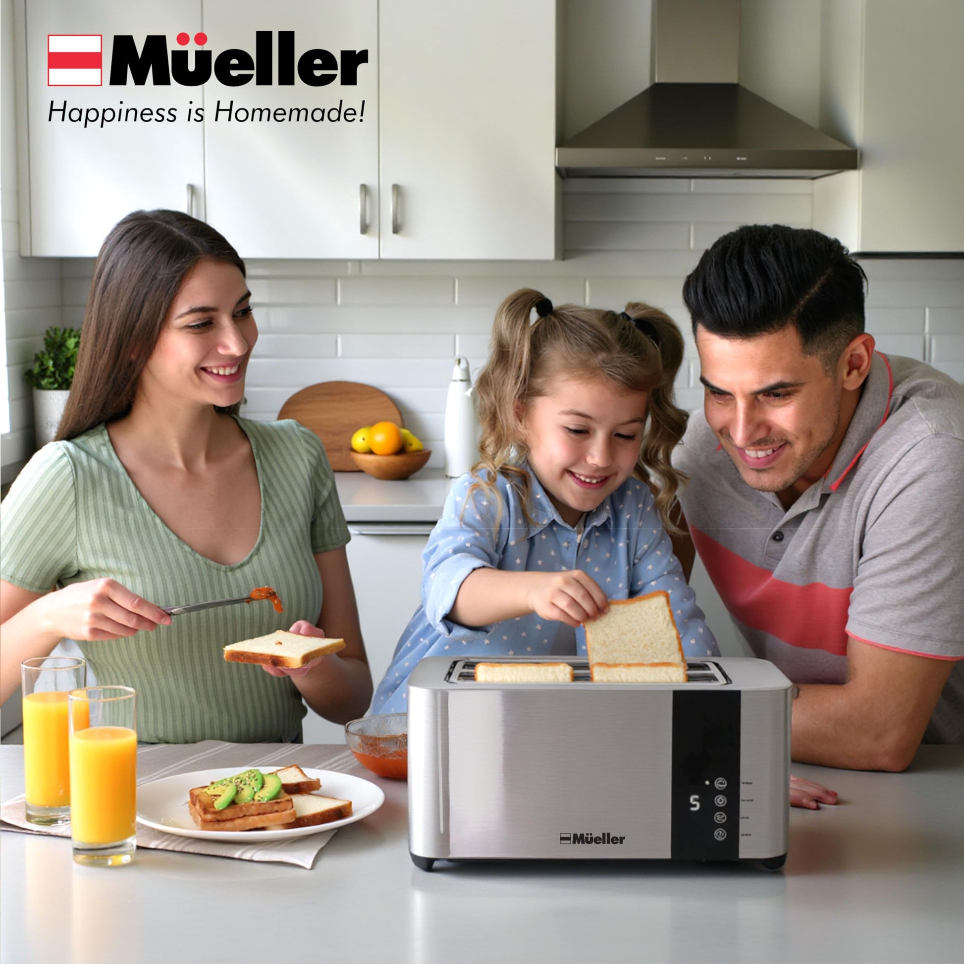 Mueller UltraToast - tostador completa de acero inoxidable, 4 rodajas, ranuras largas extra anchas con bandeja extraíble, funciones de cancelación/descongelación/recalentamiento, 6 niveles de color dorado con visualización LED