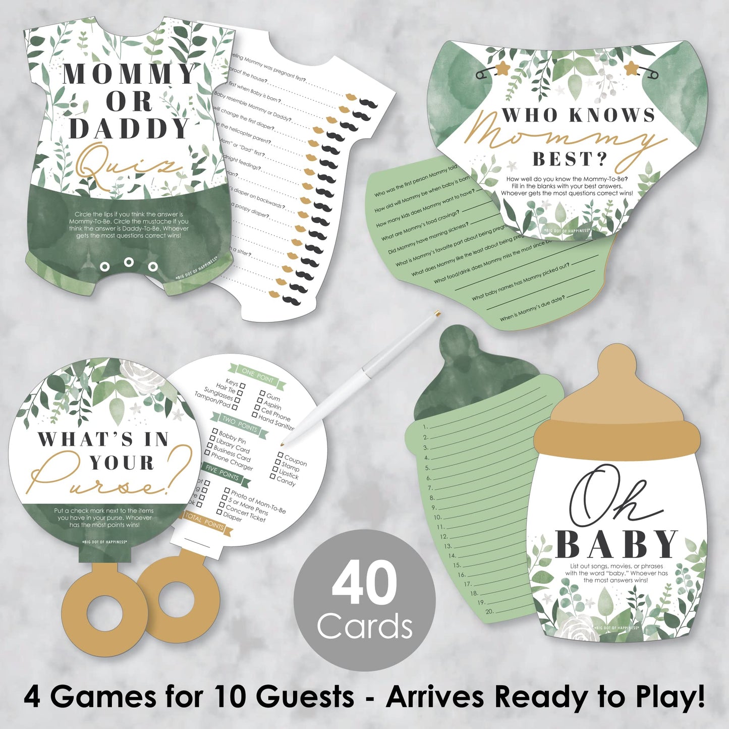 Big Dot of Happiness Boho Botanical Baby – 4 juegos de baby shower – 10 cartas cada una – Who Knows Mommy Best, Mommy or Daddy Quiz, What in Your Purse and Oh Baby – Paquete Gamerific