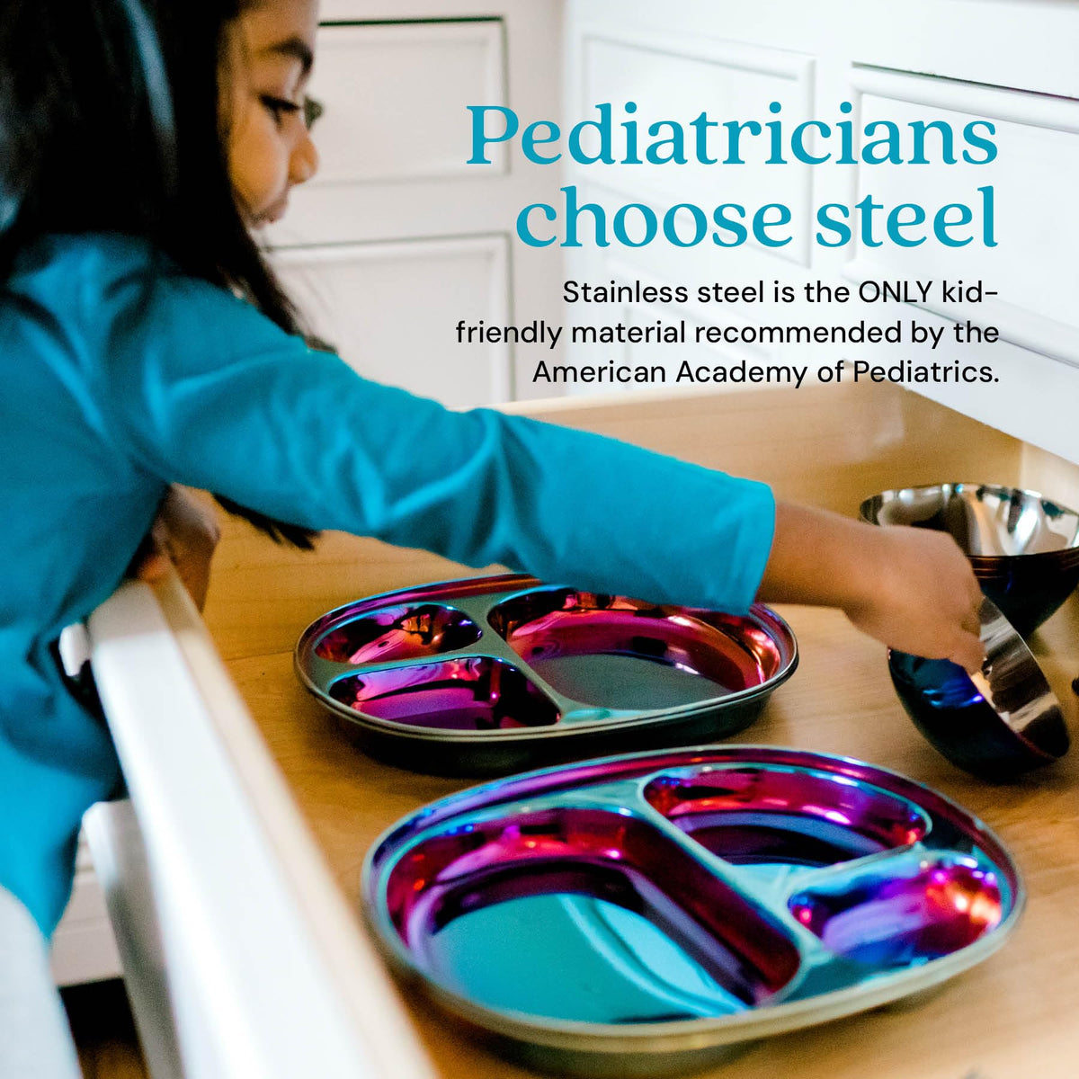 Ahimsa Stainless Steel Balanced Bites Plate | 1 x Divided Plate | Toddler Dishware | No Plastic | 100% BPA Free | Dishwasher Safe (Iridescent Blue)#