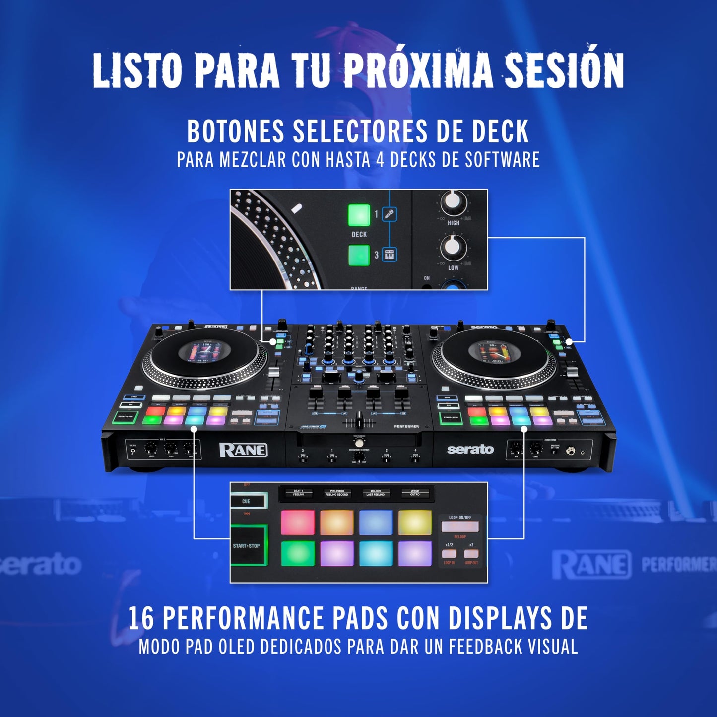 Controlador DJ Rane Performer Negro Motorizado 4 Canales con Platos 7" Displays Faders Precision Feel Stems FX Avanzado Serato DJ Pro