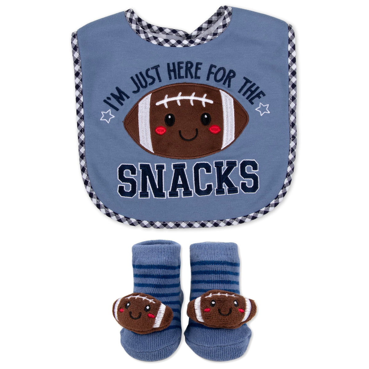 Baby Essentials - Juego de babero y calcetín para bebé, accesorio de fútbol, regalo para recién nacidos y bebés (Blue I'm Just Here for The Snacks, 0-12 meses)