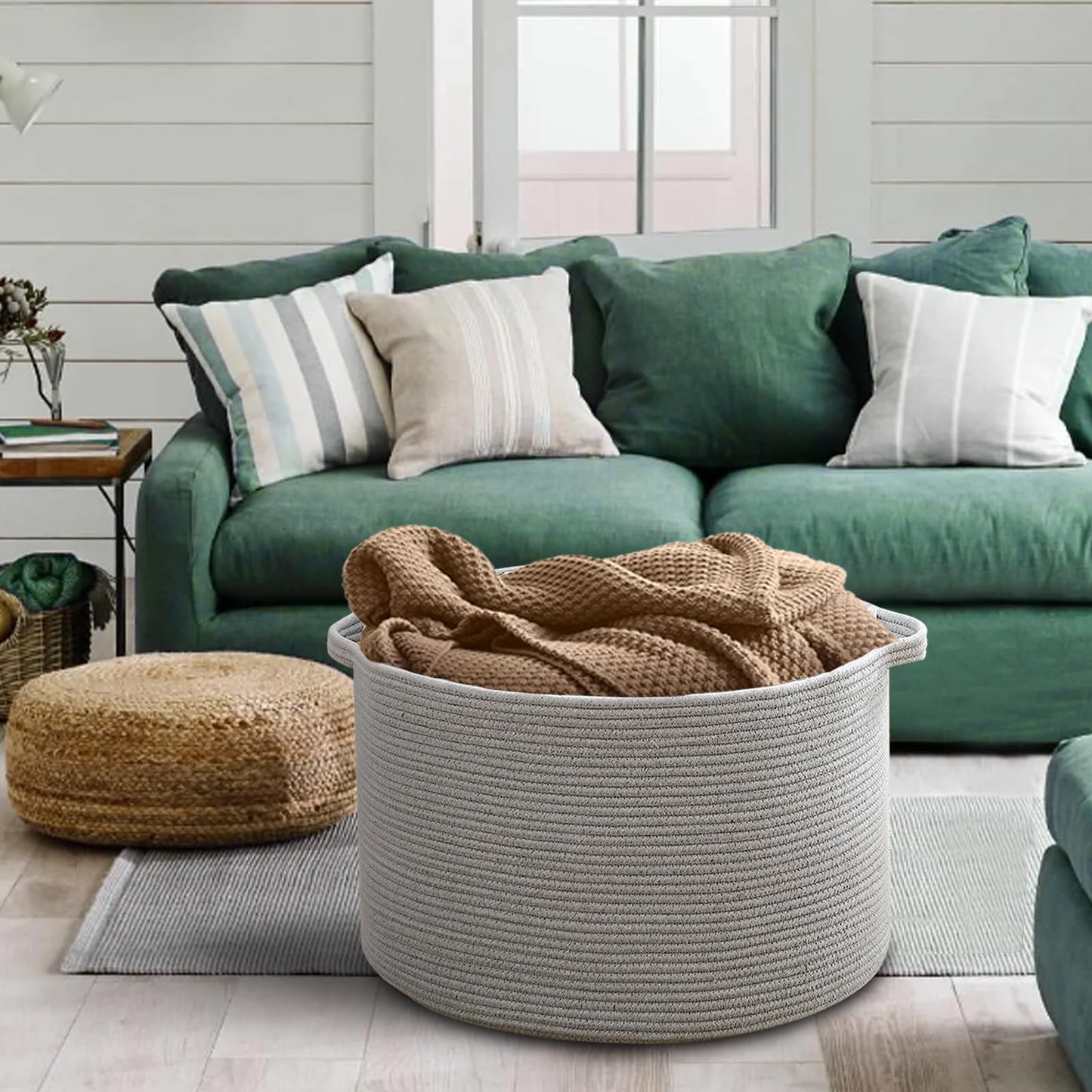 MEGASKET Cesta de almacenamiento extragrande gris, 22 x 22 x 14 pulgadas, cesta de manta XXXL para sala de estar, cestas de cuerda de algodón tejido de mimbre gris para almacenamiento, cestas