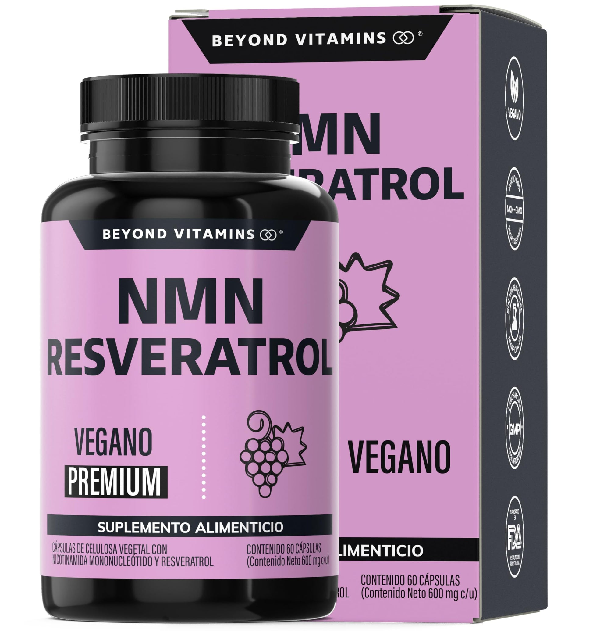 Cápsulas Veganas Beyond Vitamins NMN y Resveratrol Premium Blend 99% para Producción de NAD+ 60 vcaps