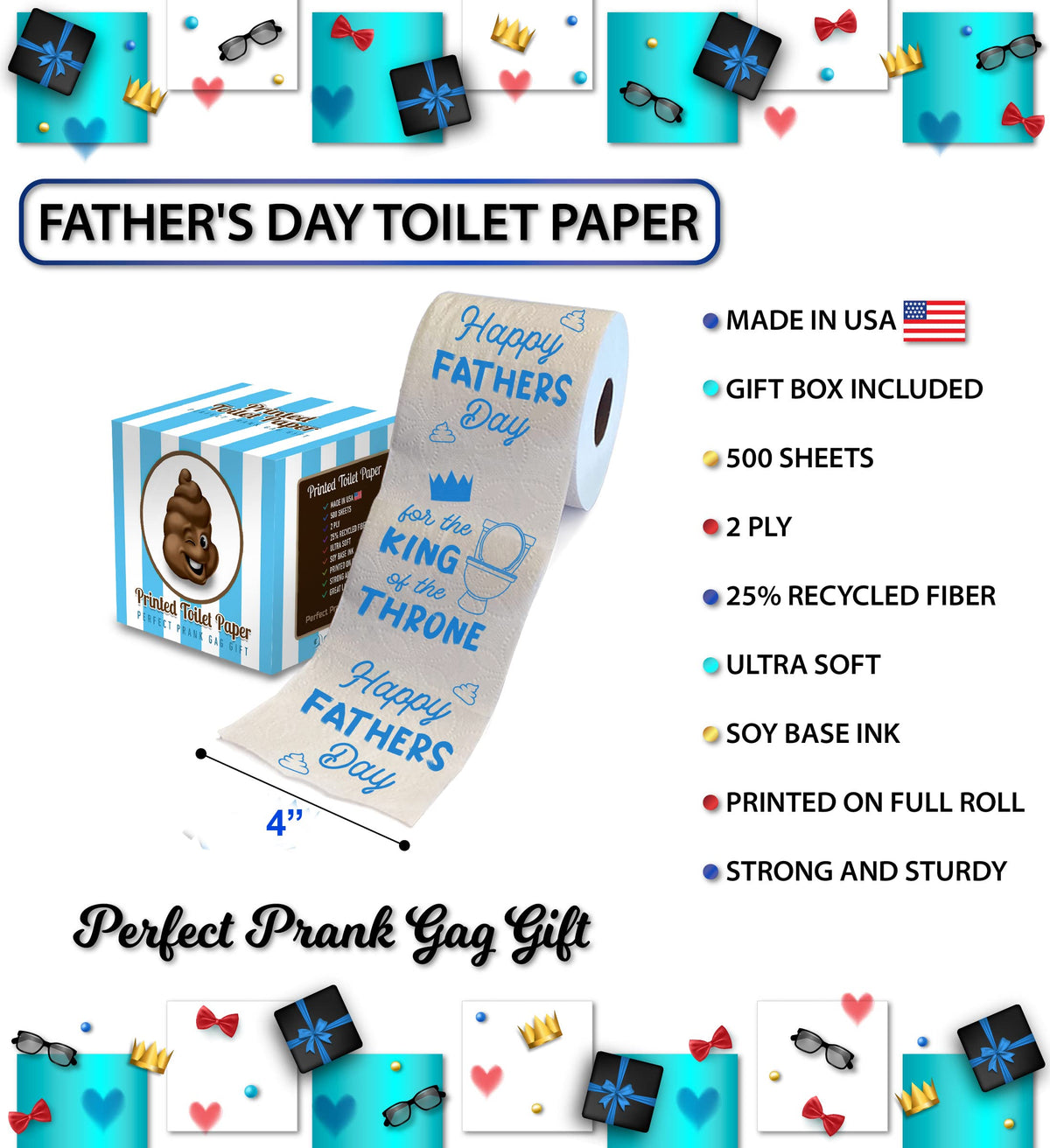 Rollo de Papel Higiénico Impreso TP Happy Fathers Day para el Rey del Trono 500 Hojas