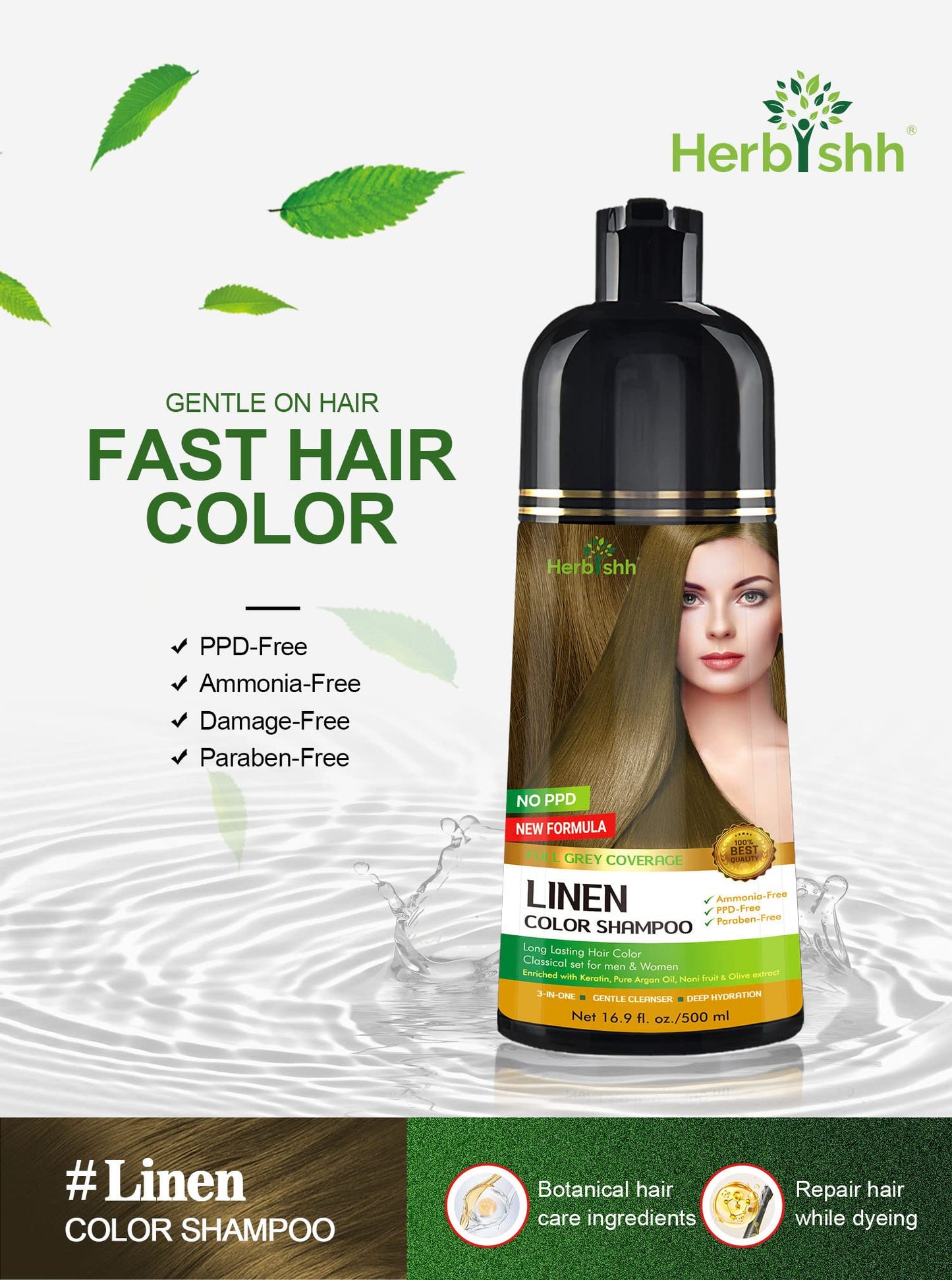 Herbishh - Champú para teñir el cabello gris, champú con tinte natural para el cabello, colorea el cabello en minutos, dura hasta 3 a 4 semanas, 500 ml, tinte de cabello 3 en 1, sin amoniaco | (lino)