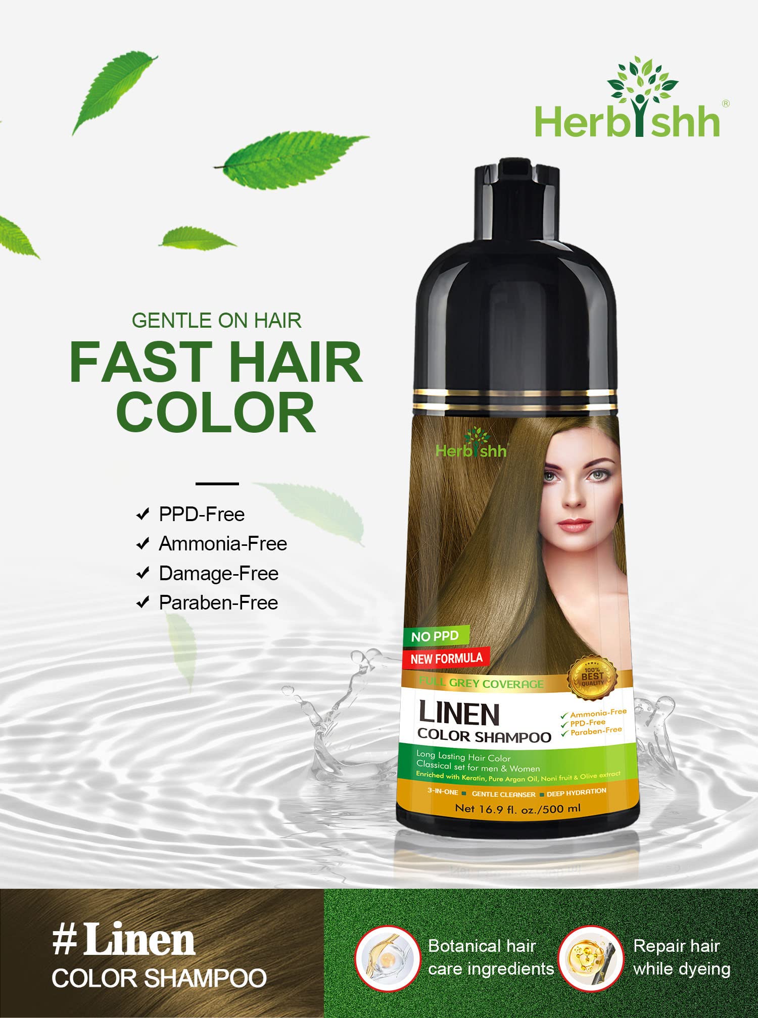Herbishh - Champú para teñir el cabello gris, champú con tinte natural para el cabello, colorea el cabello en minutos, dura hasta 3 a 4 semanas, 500 ml, tinte de cabello 3 en 1, sin amoniaco | (lino)