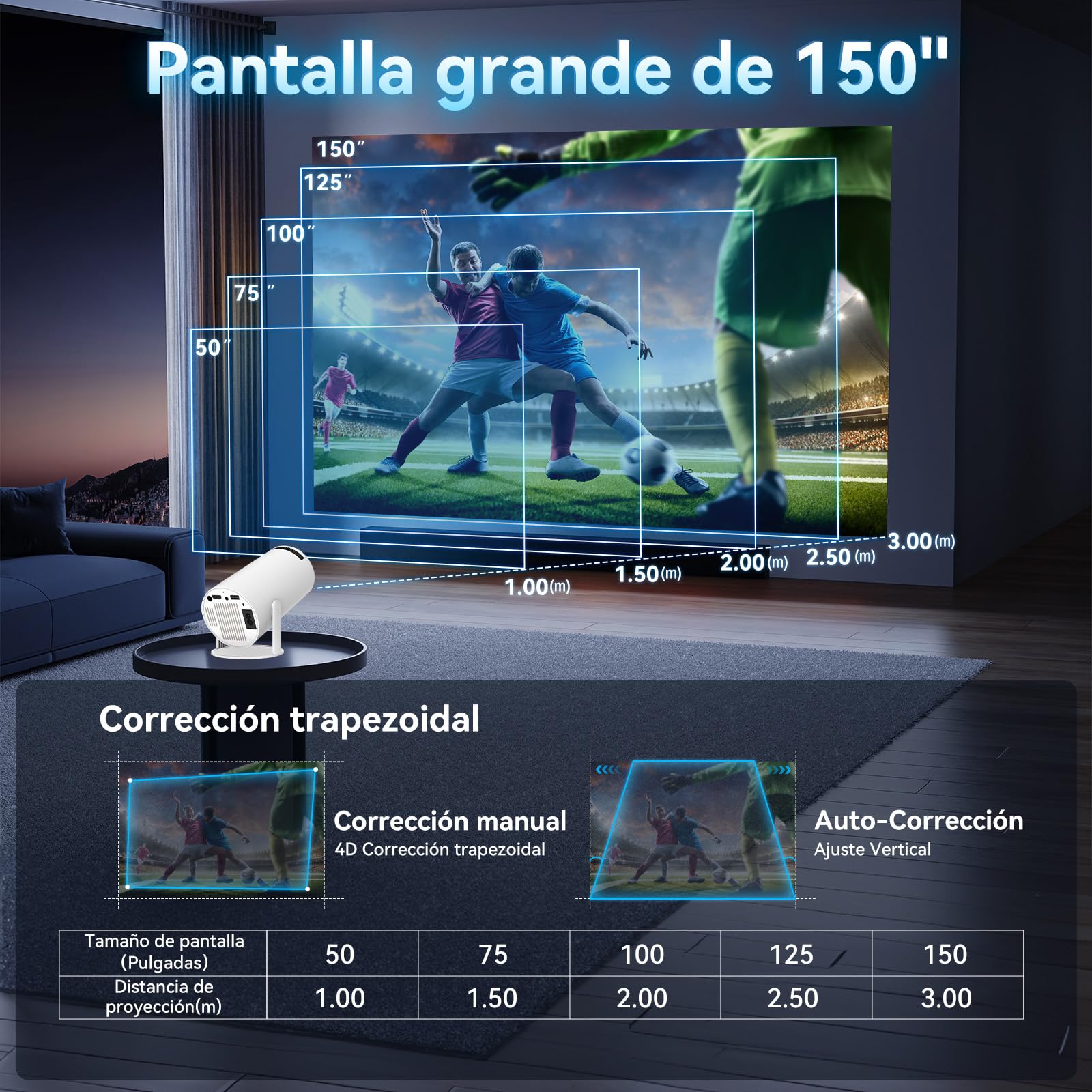 Proyector Portátil HY300 Pro 4K Blanco con Pantalla de 150 Pulgadas y WiFi 6