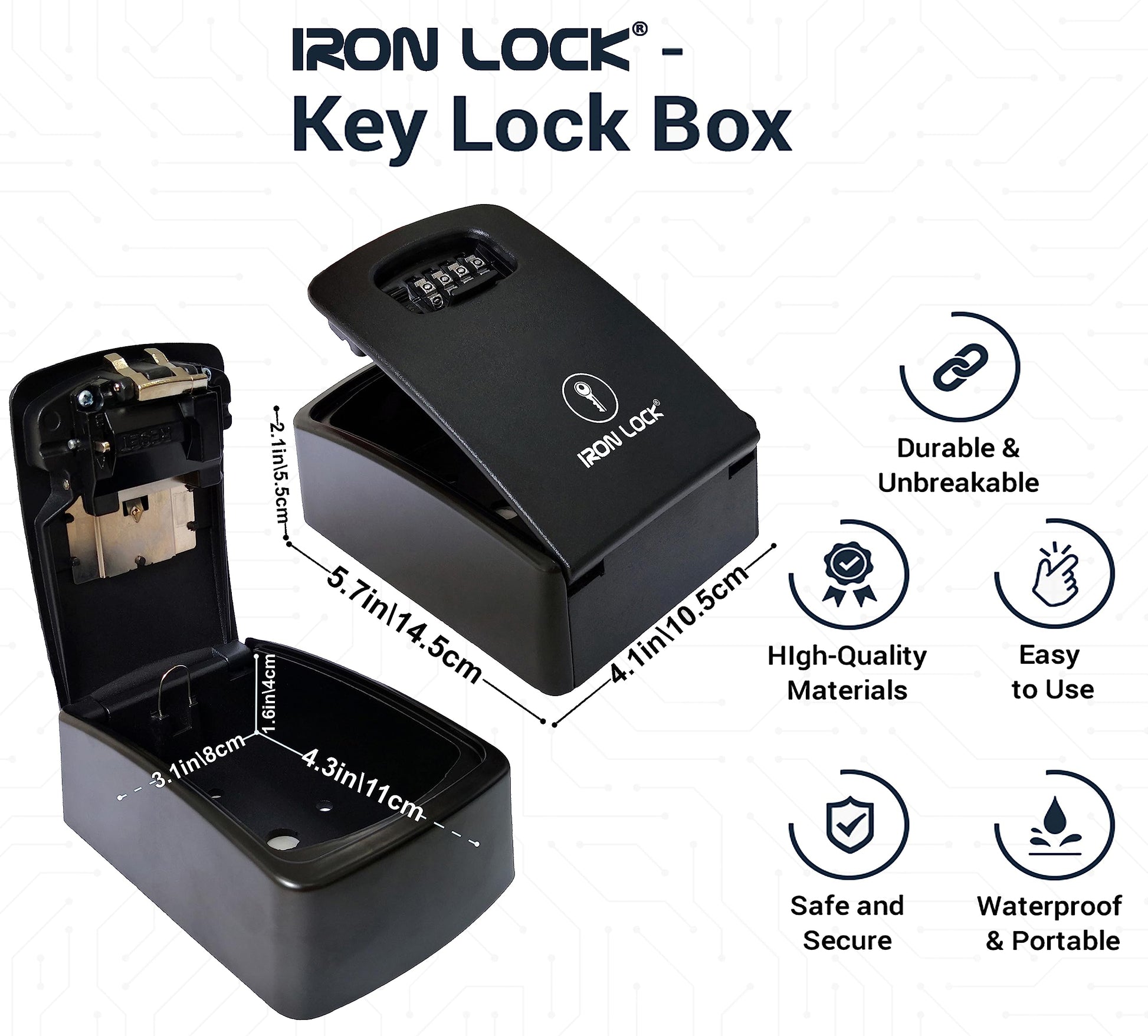 Iron Lock® - Caja de bloqueo de llave XXL para llaves de 4 dígitos con código reiniciable con interruptor A B, caja de seguridad extragrande para interiores y exteriores, impermeable, grande, llave de