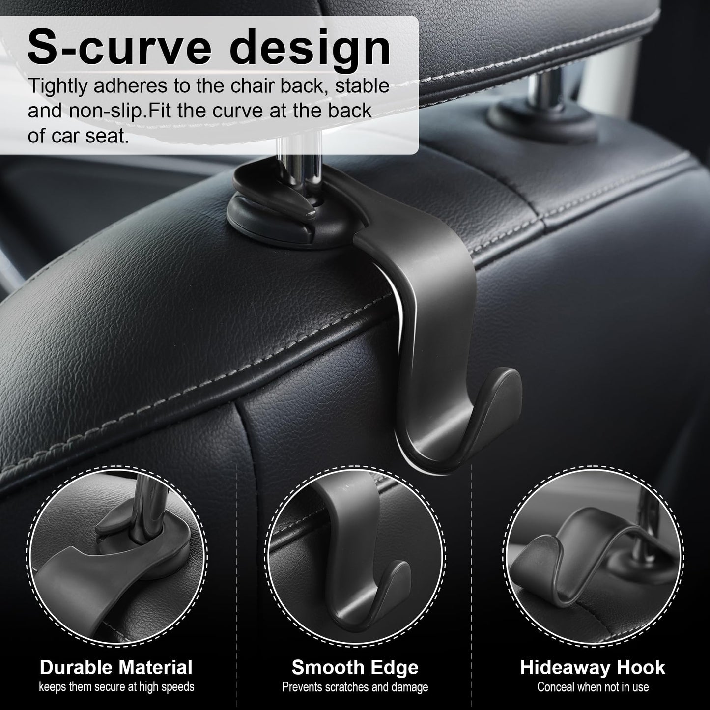 LivTee - Ganchos para los reposacabezas del asiento del coche, de color negro, para bolsos, ropa, abrigos o bolsas de la compra, juego de 4