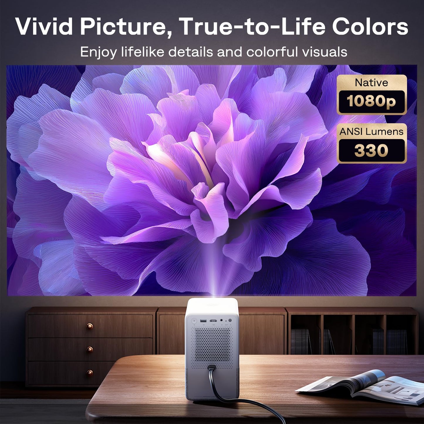 Proyector inteligente Aurzen Roku TV con Wifi y Bluetooth, experiencia de transmisión Roku D1R Cube incorporada, motor óptico sellado, 1080P FHD, audio Dolby, mini proyector portátil para películas en