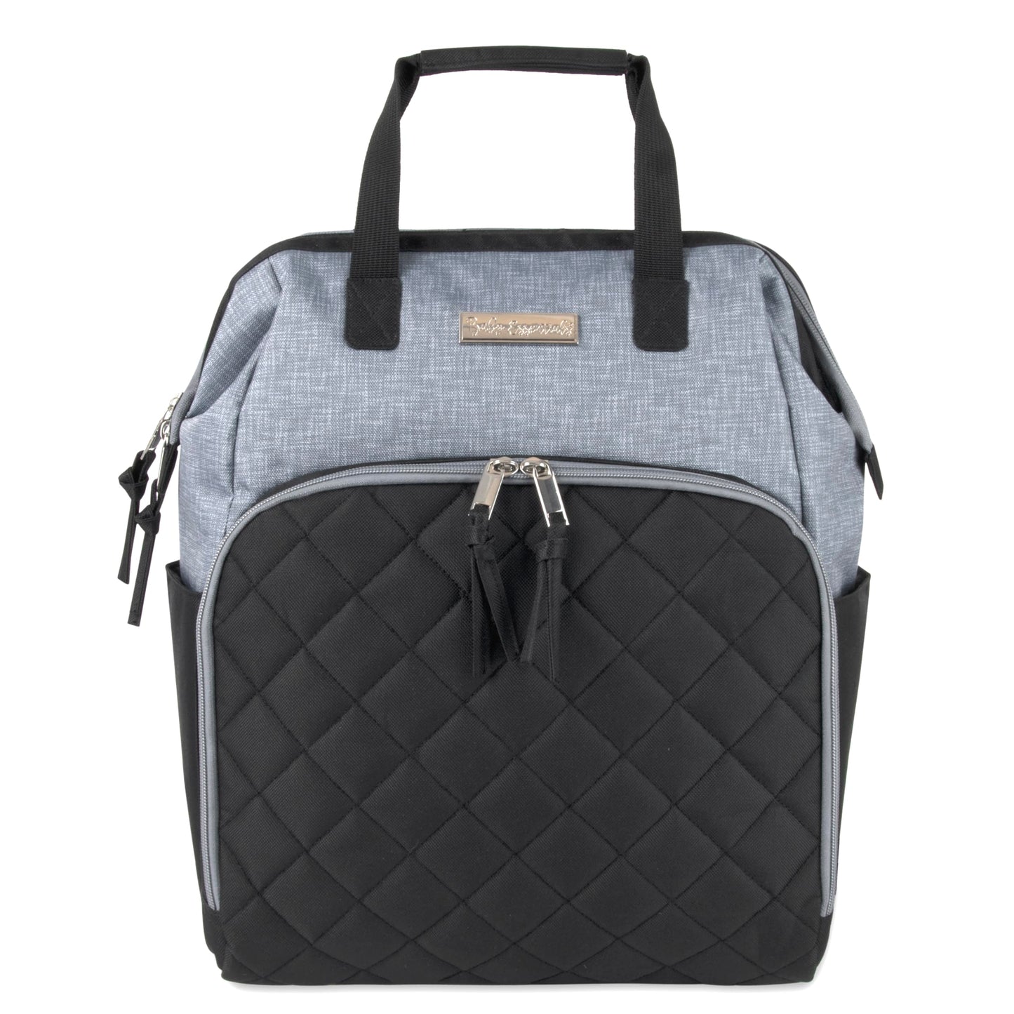 Baby Essentials - Mochila de pañales con marco principal súper enfriadora con cambiador, correas para carriola, compartimento aislado para botellas, Negro/Gris, Mediano, Mochila para pañales