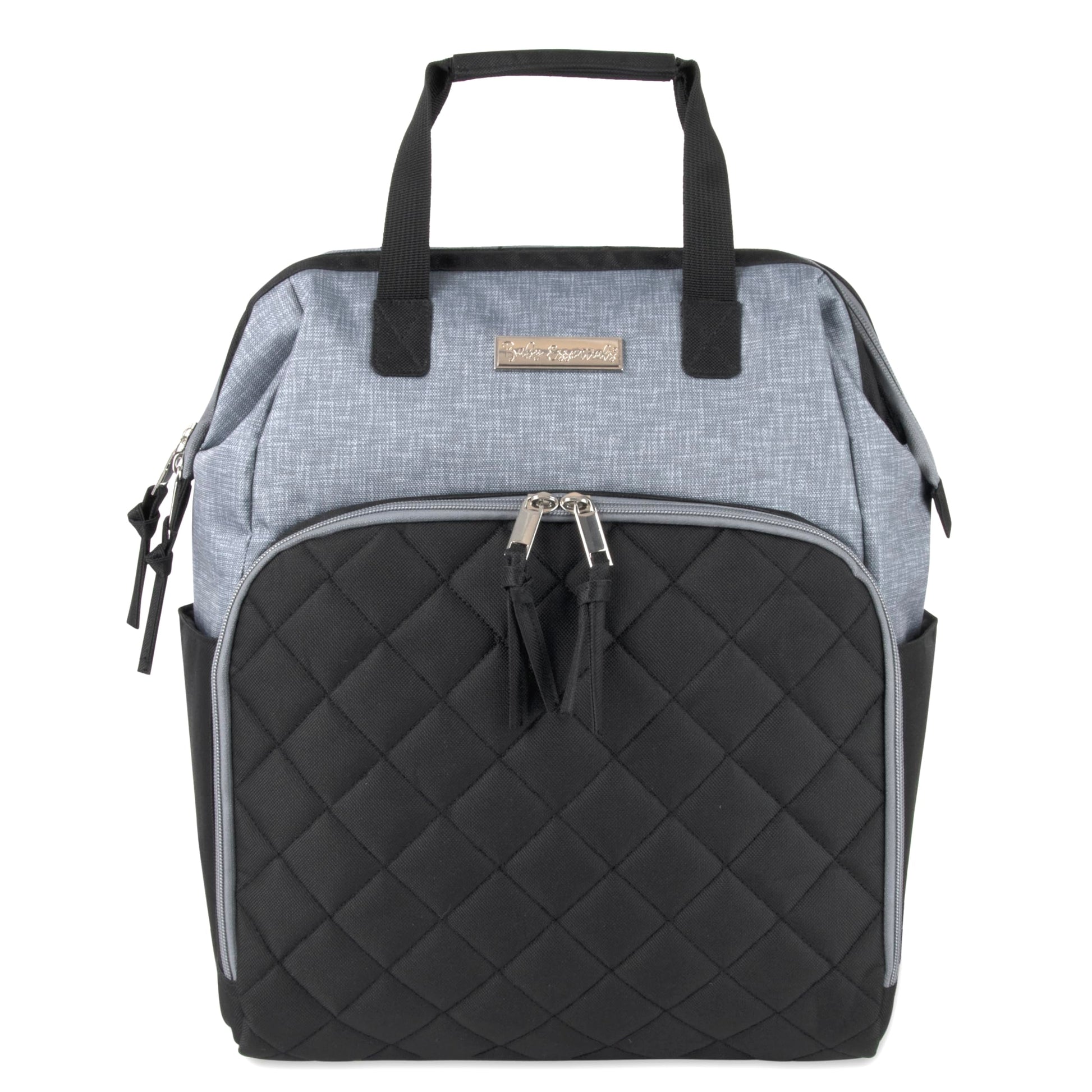 Baby Essentials - Mochila de pañales con marco principal súper enfriadora con cambiador, correas para carriola, compartimento aislado para botellas, Negro/Gris, Mediano, Mochila para pañales