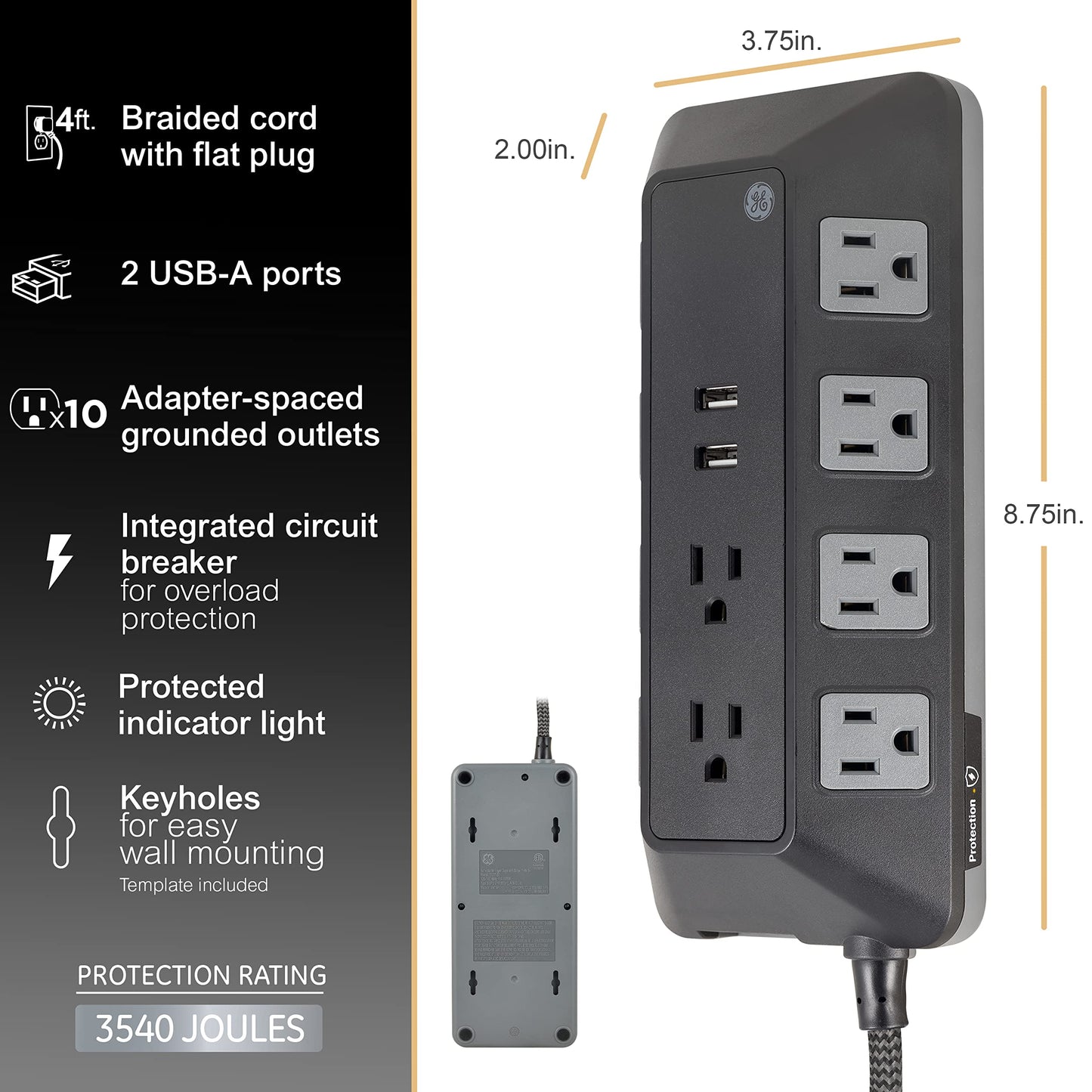 GE UltraPro - Protector de sobretensiones de 10 Salidas con Puertos USB, 2 Puertos USB-A, 2.4A, 12W, Cable Trenzado de 4 pies, Protector de sobretensiones de 3540 Julios, Negro, 73775