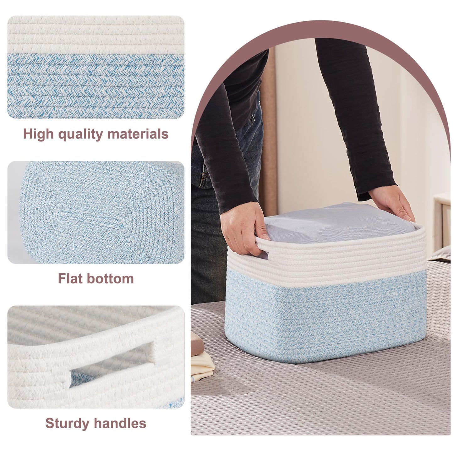 OIAHOMY - Paquete de 4 cestas de almacenamiento para organizar, cesta para estantes con asa, cestas tejidas para guardar juguetes, toallas, libros, cesta de cuerda de algodón, 13 pulgadas de largo x 9