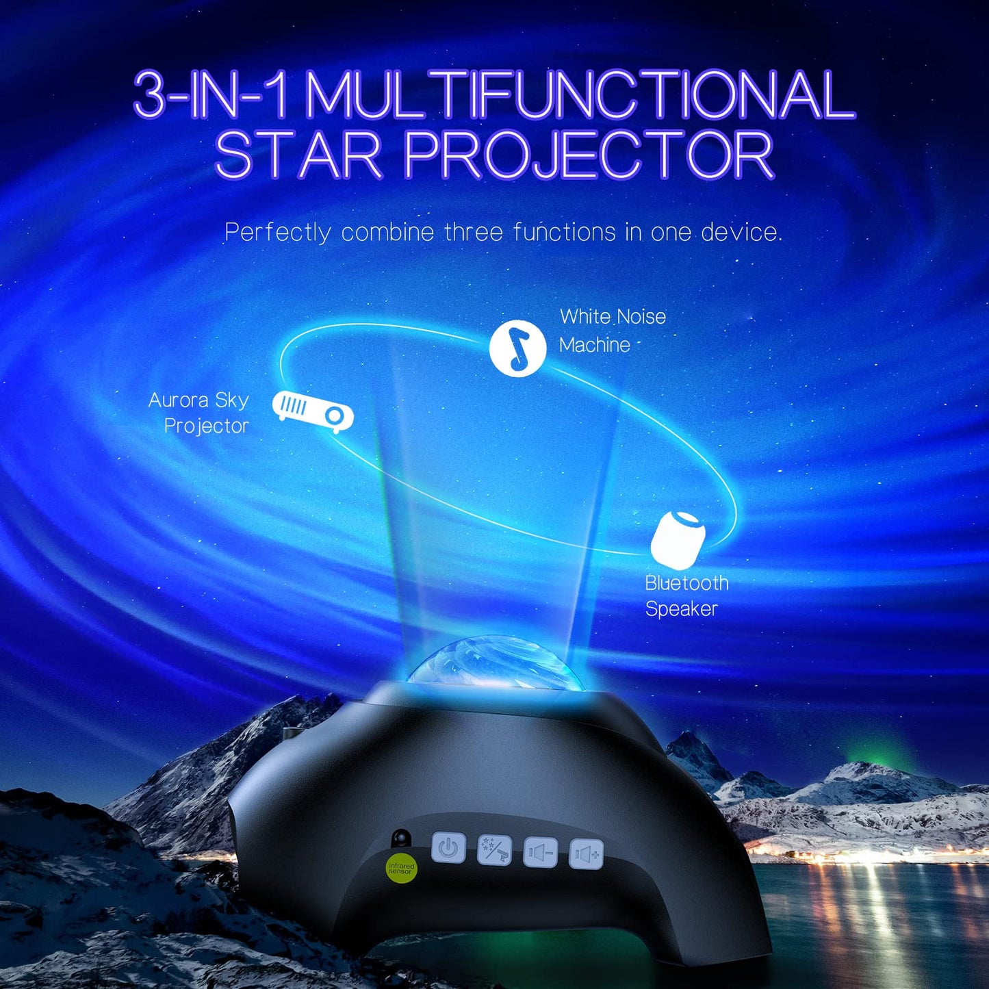 HODANS Northern Galaxy Light Aurora Proyector 33 efectos de luz luces nocturnas proyector de estrella LED lámpara de nebulosa control remoto ruido blanco, altavoz Bluetooth (negro azabache), HJ-XKD09