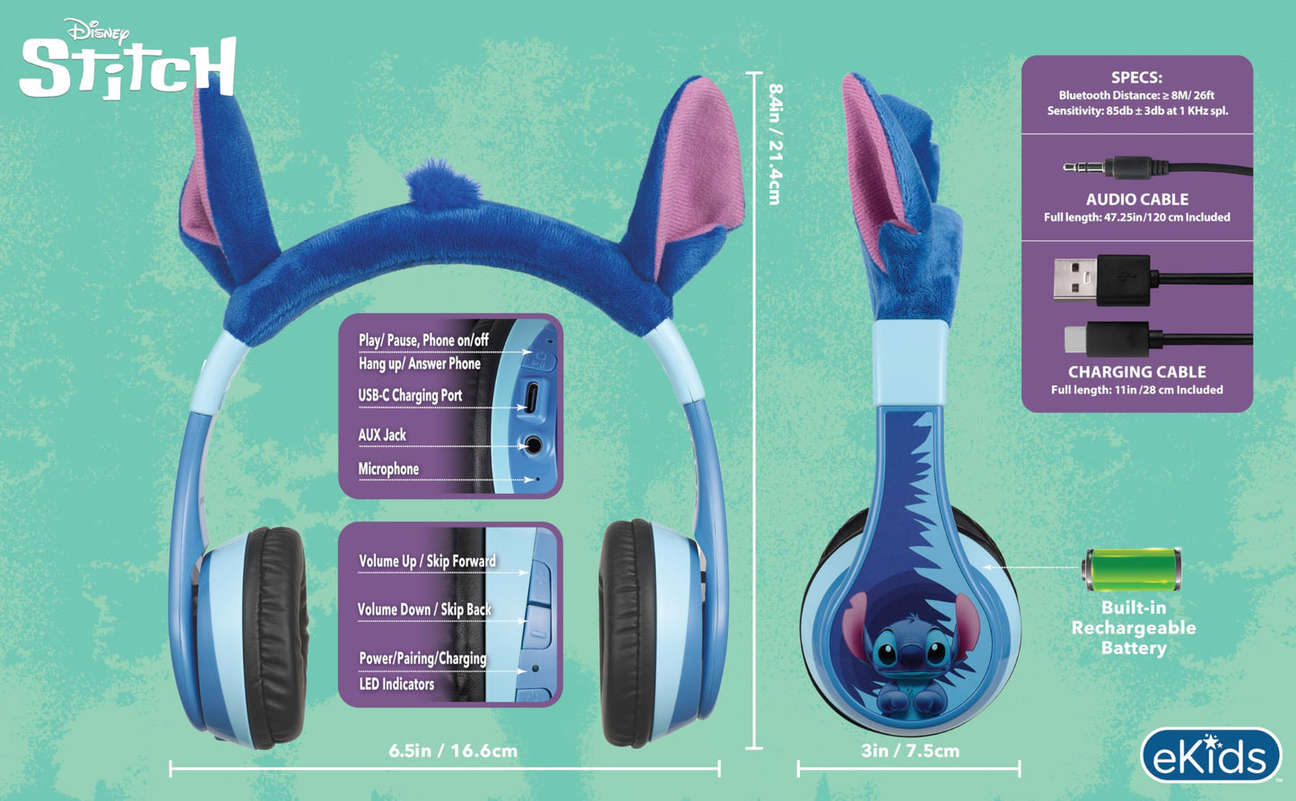 Auriculares Inalámbricos eKids Disney Stitch Azul con Micrófono y Reducción de Volumen para Niños