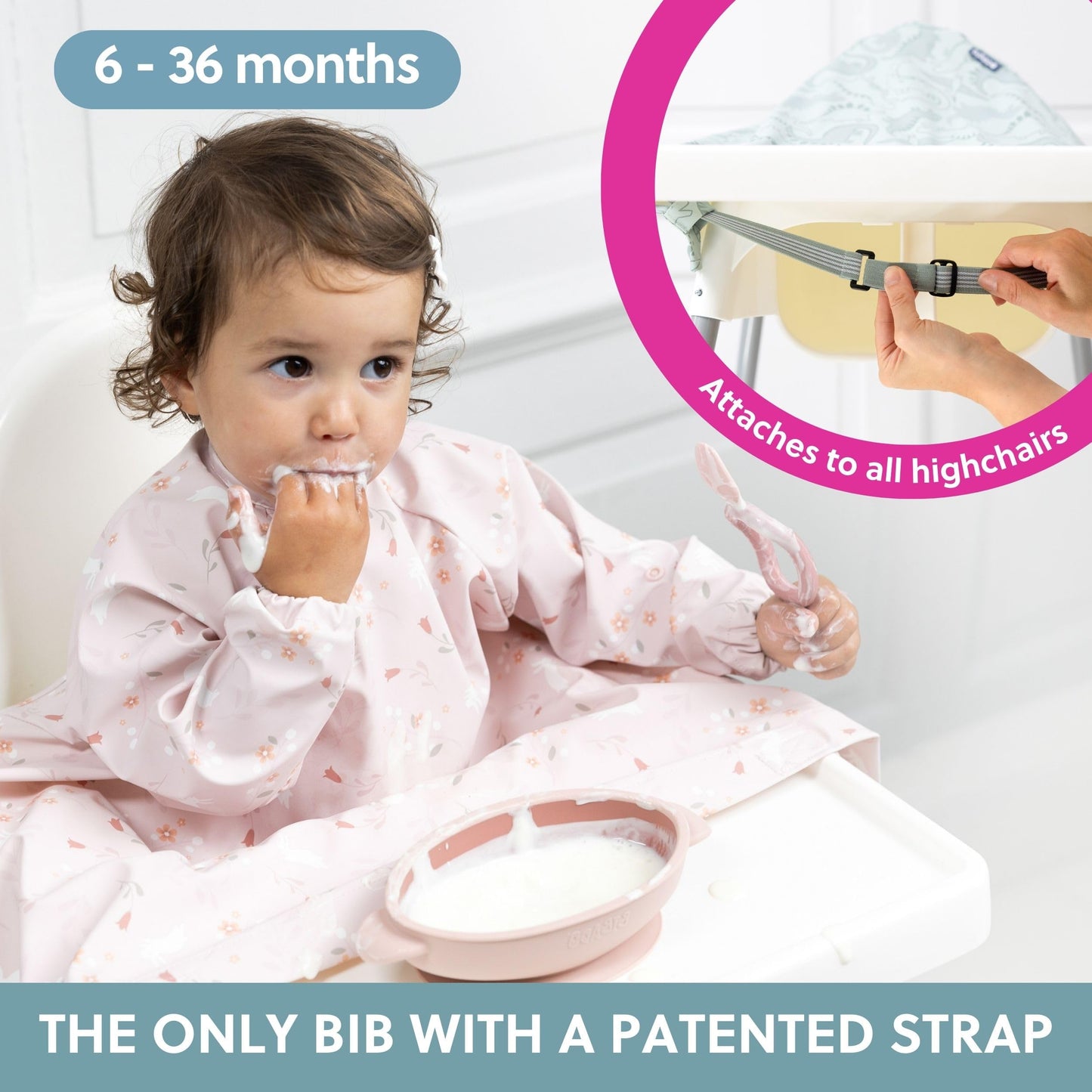 Bibado Baberos para bebé con mangas – Babero de destete LED para niños pequeños y bebés, 6-36 meses, se fija a sillas altas, cochecitos, mesas, Conejitos botánicos, One Size