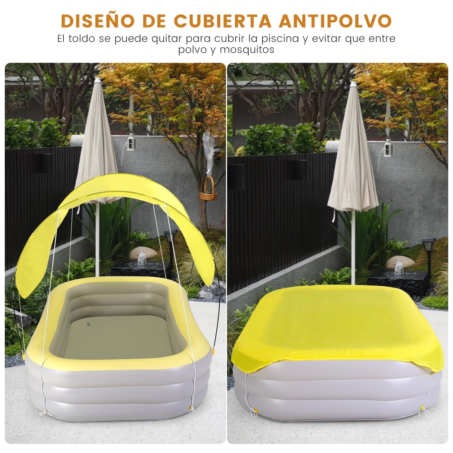 Alberca Inflable Piscina Familiar, Cubierta Inflable para Piscina, 260x160x60cm Piscina Hinchable 3 Niveles Rectangular, Alberca para Niños Adultos Grandes para Patio y Exterior, Exterior, Jardín
