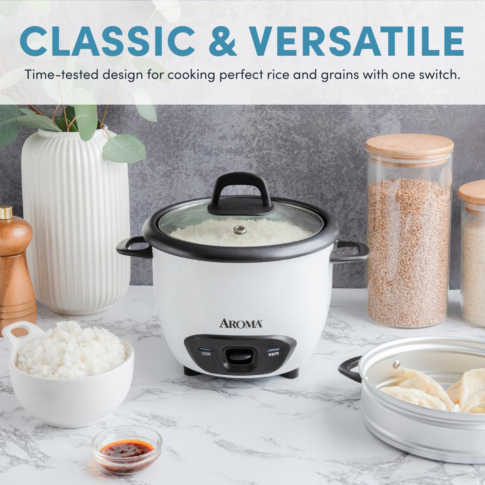 Aroma Arc arrocera y vaporizador de alimentos, 3 tazas (sin cocinar) 6 tazas (cocinado), Blanco, Paquete de 1, 1