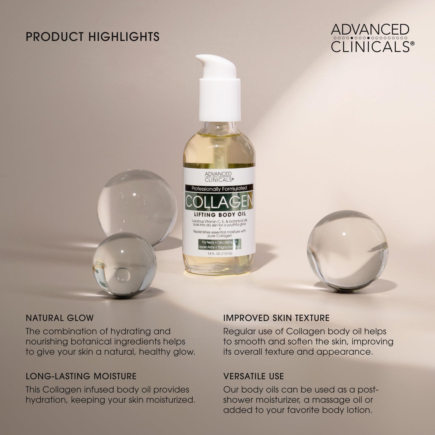 ¡Aceite Corporal Rejuvenecedor con Colágeno y Vitamina C! Ten una piel radiante y suave con nuestro aceite hidratante anti-edad. ¡120 ml de belleza en cada gota!