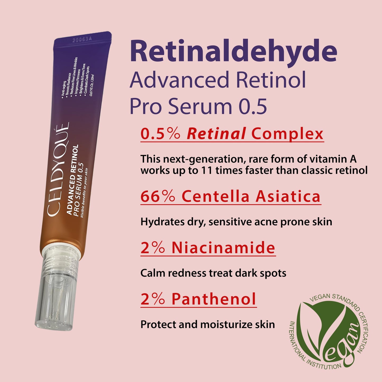 Concentrado de volufilina 100% puro y suero avanzado de retinol Pro 0,5 reafirmante, antiarrugas y potenciador de la luminosidad con centella asiática, ácido hialurónico y niacinamida para pieles