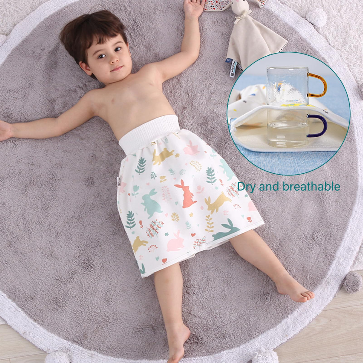 Pantalones de pañales impermeables para bebés y niños, paquete de 2 pantalones absorbentes para entrenamiento para niños y niñas, uso de día y noche (pantalón de conejo + falda L)