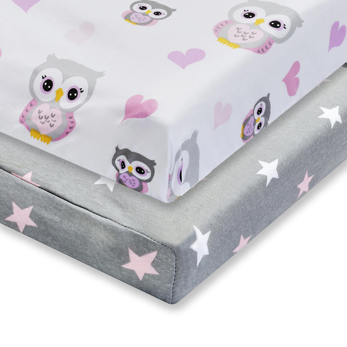 EVERYDAY KIDS Paquete de 2 fundas para cambiador de bebé para niña – Se adapta a la mayoría de cambiadores de mesa; tela de punto de jersey 100% algodón, transpirable, suave cambiador, rosa, búhos morados y rosa, estrellas blancas