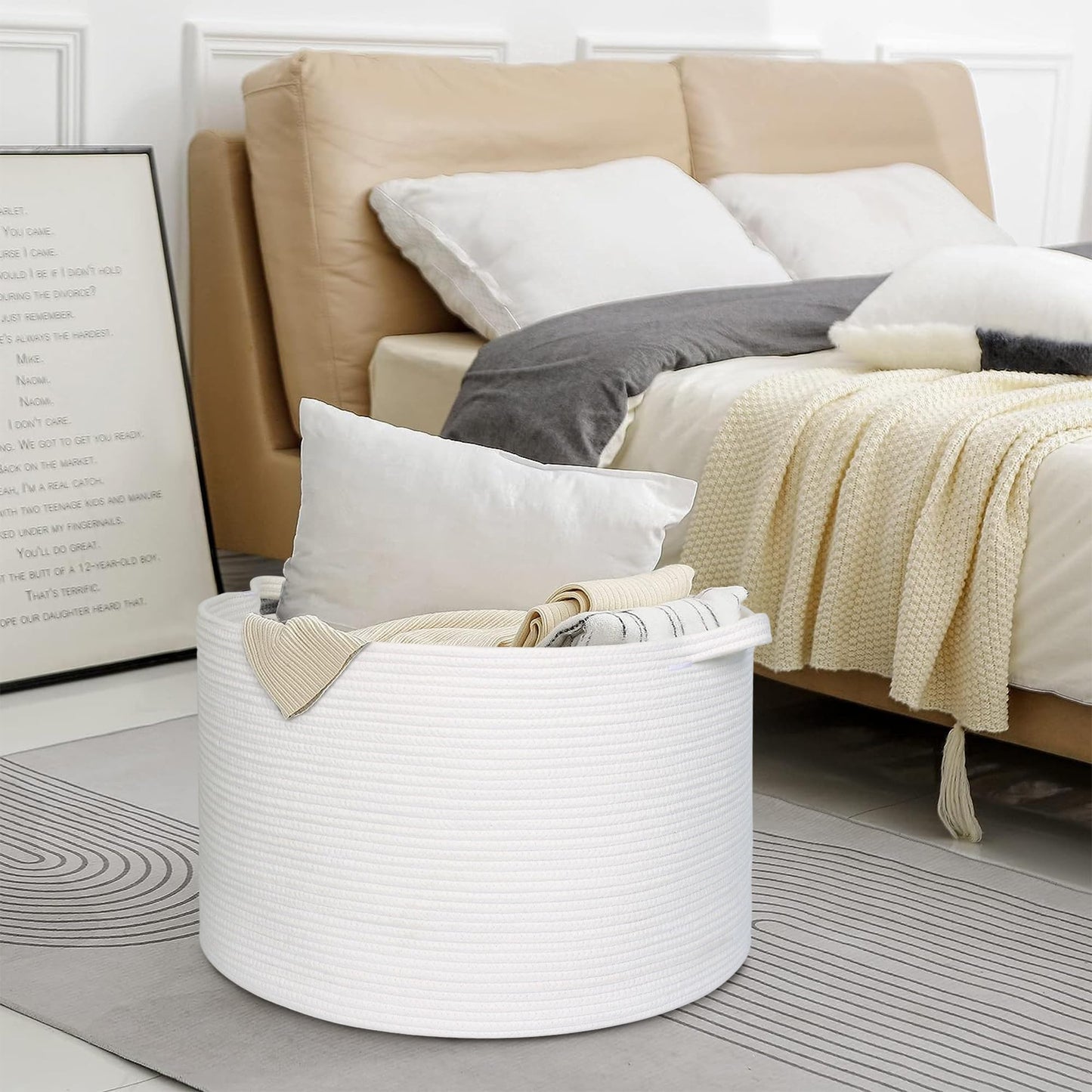 MEGASKET - Cesta de almacenamiento de cuerda de algodón blanco, 22 x 22 x 14 pulgadas, manta extragrande, almacenamiento para sala de estar, cesta de juguetes suaves XL para organizar, cesta de