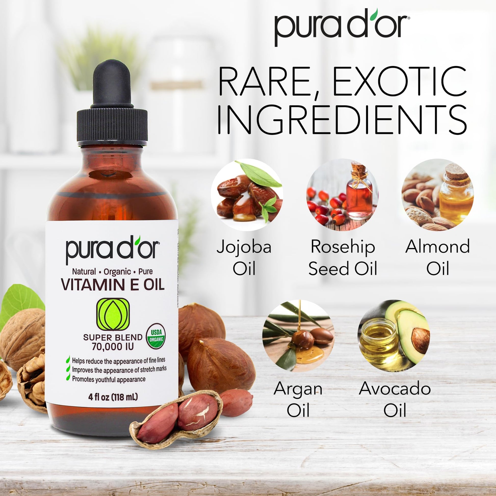 PURA D'OR Organic Vitamin E Oil (4oz / 118mL) 70,000 IU 100% Pure Natural USDA Organic For Skin Face Hexane Free w/Sweet Almond, Apricot, Jojoba, Argan, Rosehip, Sunflower & Avocado Oil For Bath Body