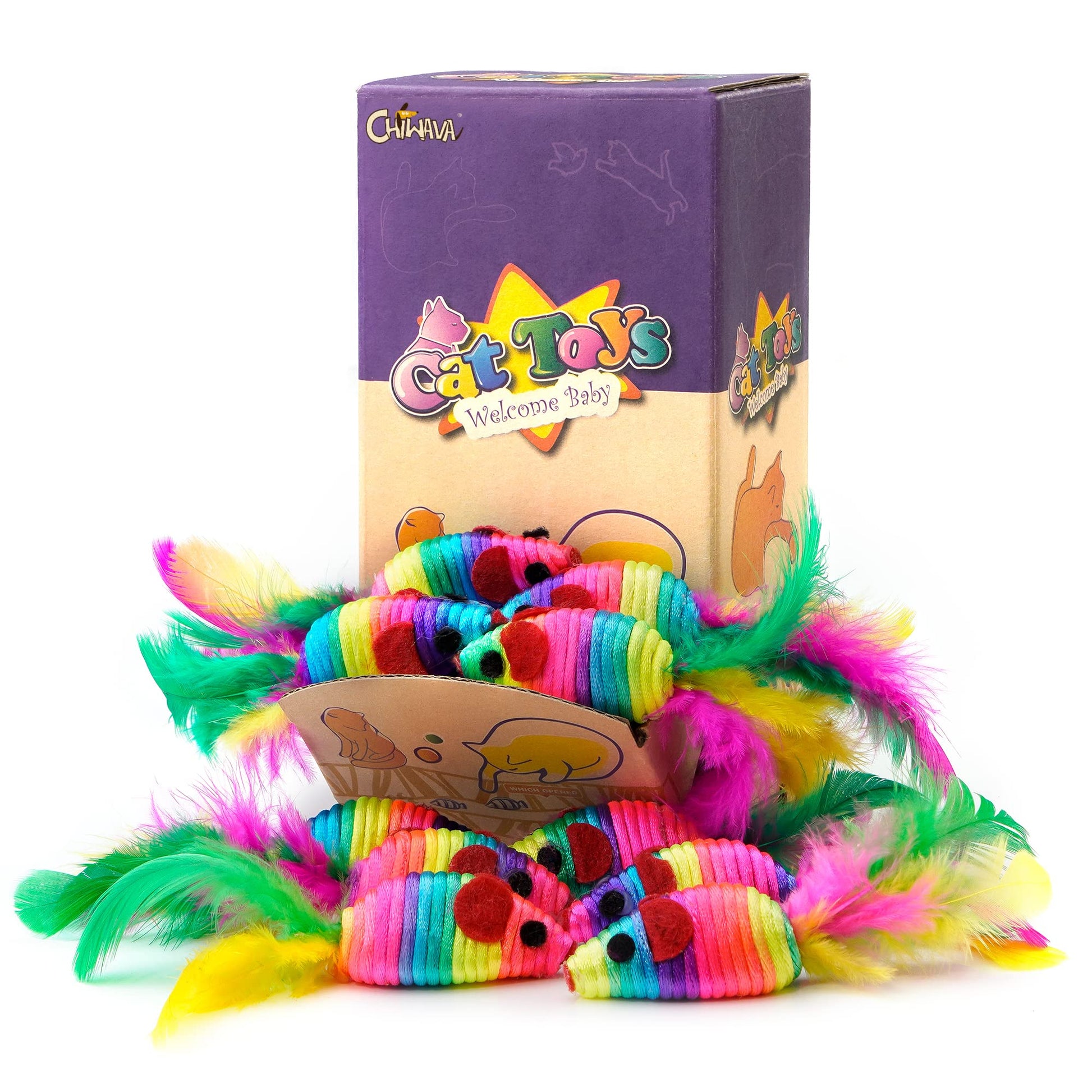 Chiwava 24 Piezas 5 "Juguete de Ratón con Pluma y Cuerda de Arco Iris para Gatitos en Varios Colores
